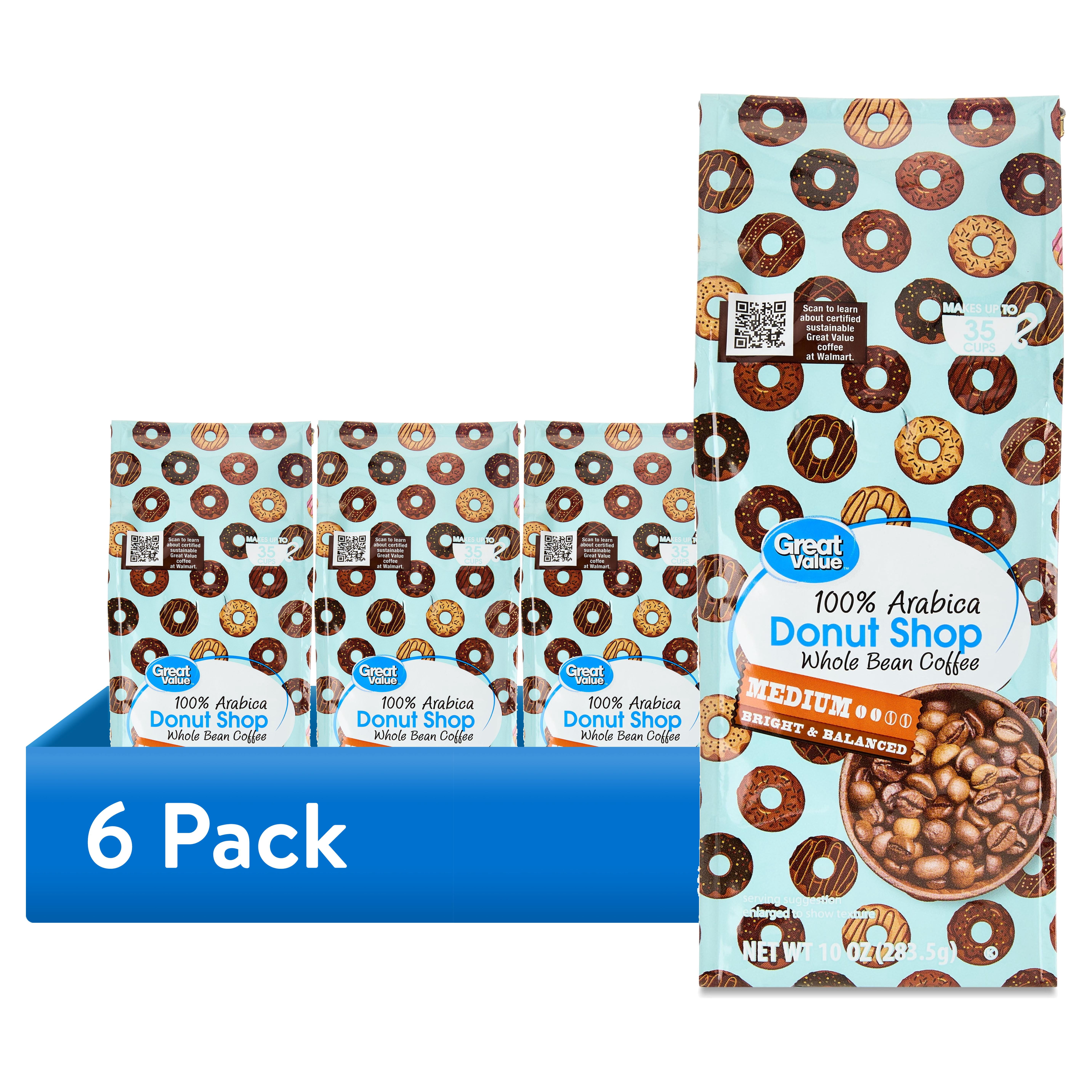 (6 pack) Great Value Donut Shop Whole Bean Coffee, Medium Roast, 10 oz