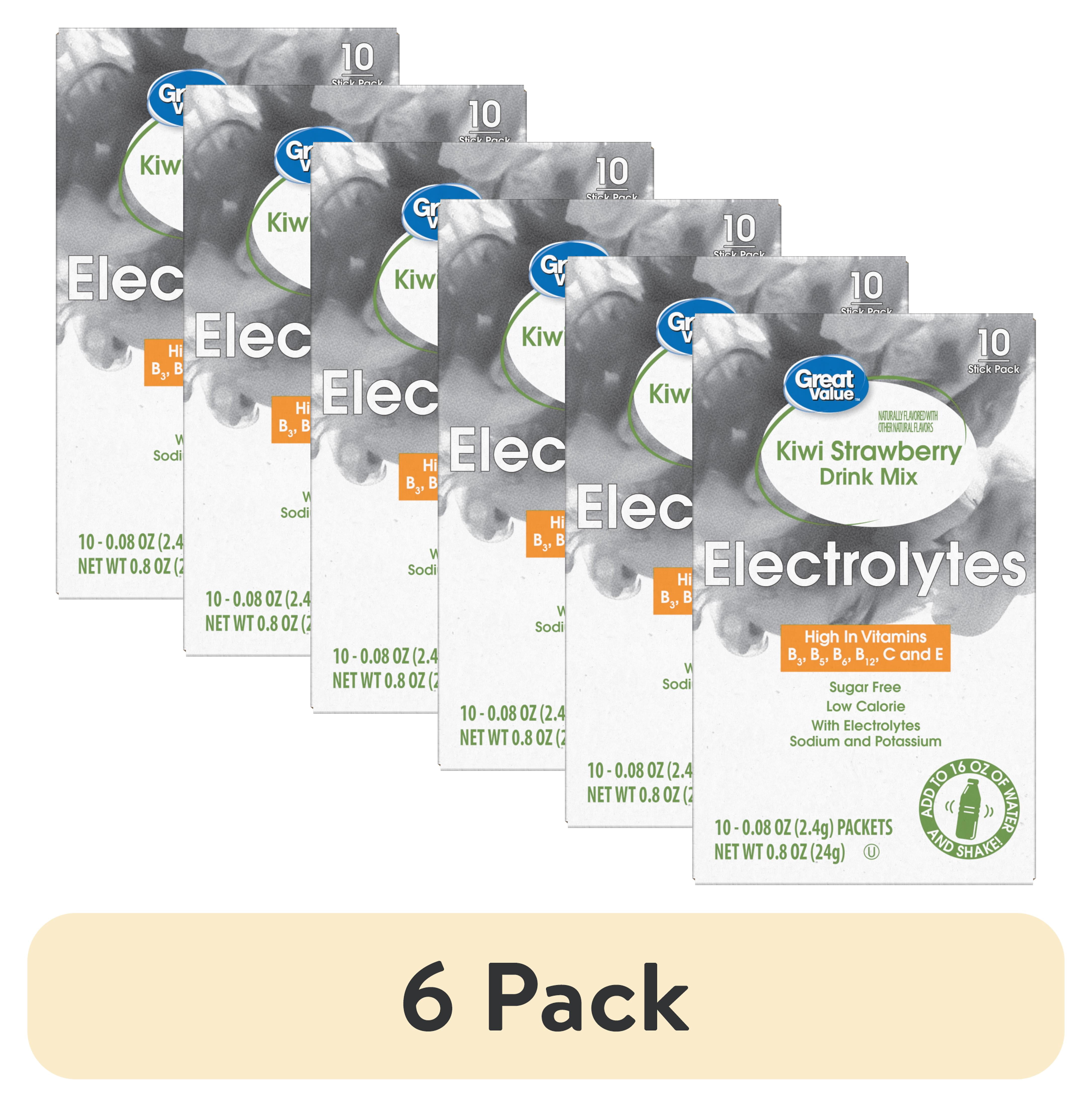 (6 pack) Great Value Electrolyte Vitamin Enhanced Strawberry Kiwi Drink Mix, 0.08 oz, 10 Count