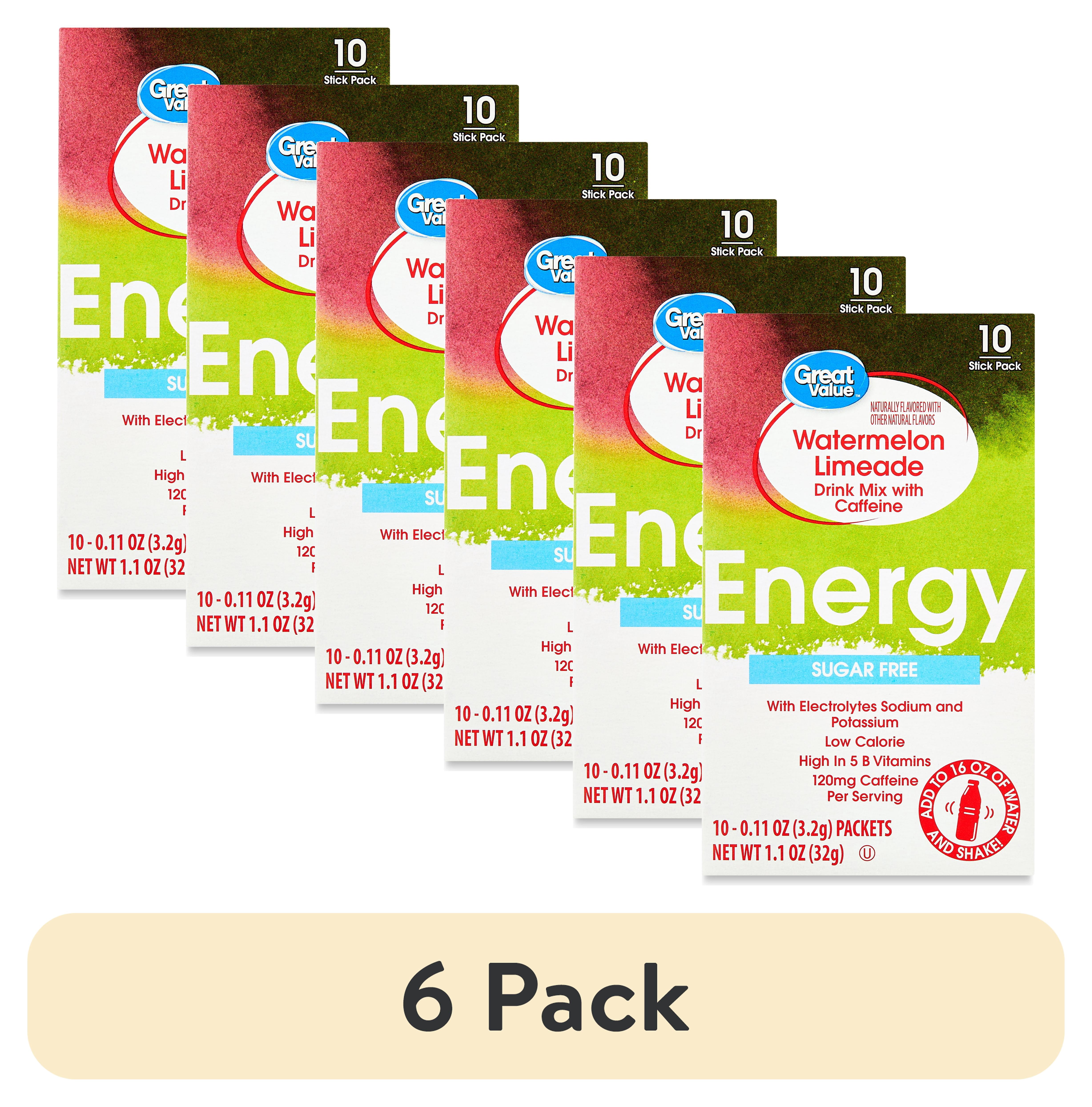 (6 pack) Great Value Energy Electrolyte Watermelon Limeade Liquid Drink Mix, Sugar-Free, 1.1 oz, 10 Packet