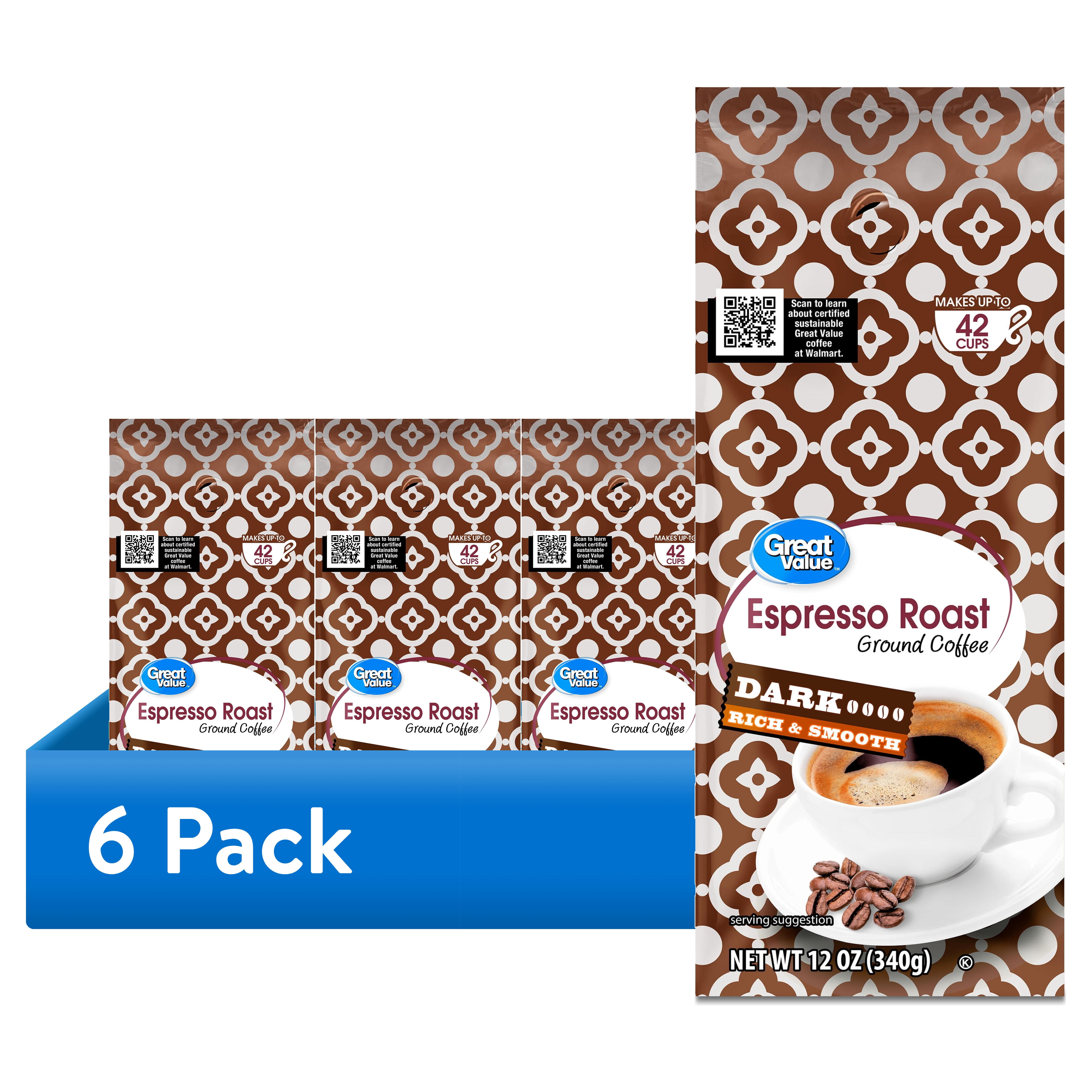 (6 pack) Great Value Espresso Roast Ground Coffee, 12 oz