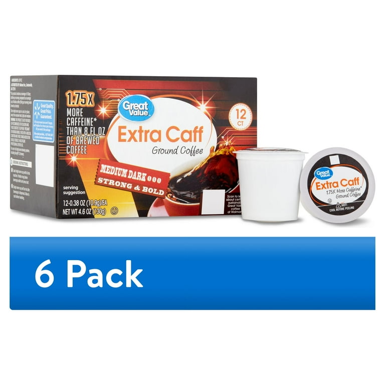 6 pack) Great Value Extra Caff Medium-Dark Roast Coffee Pods, 12