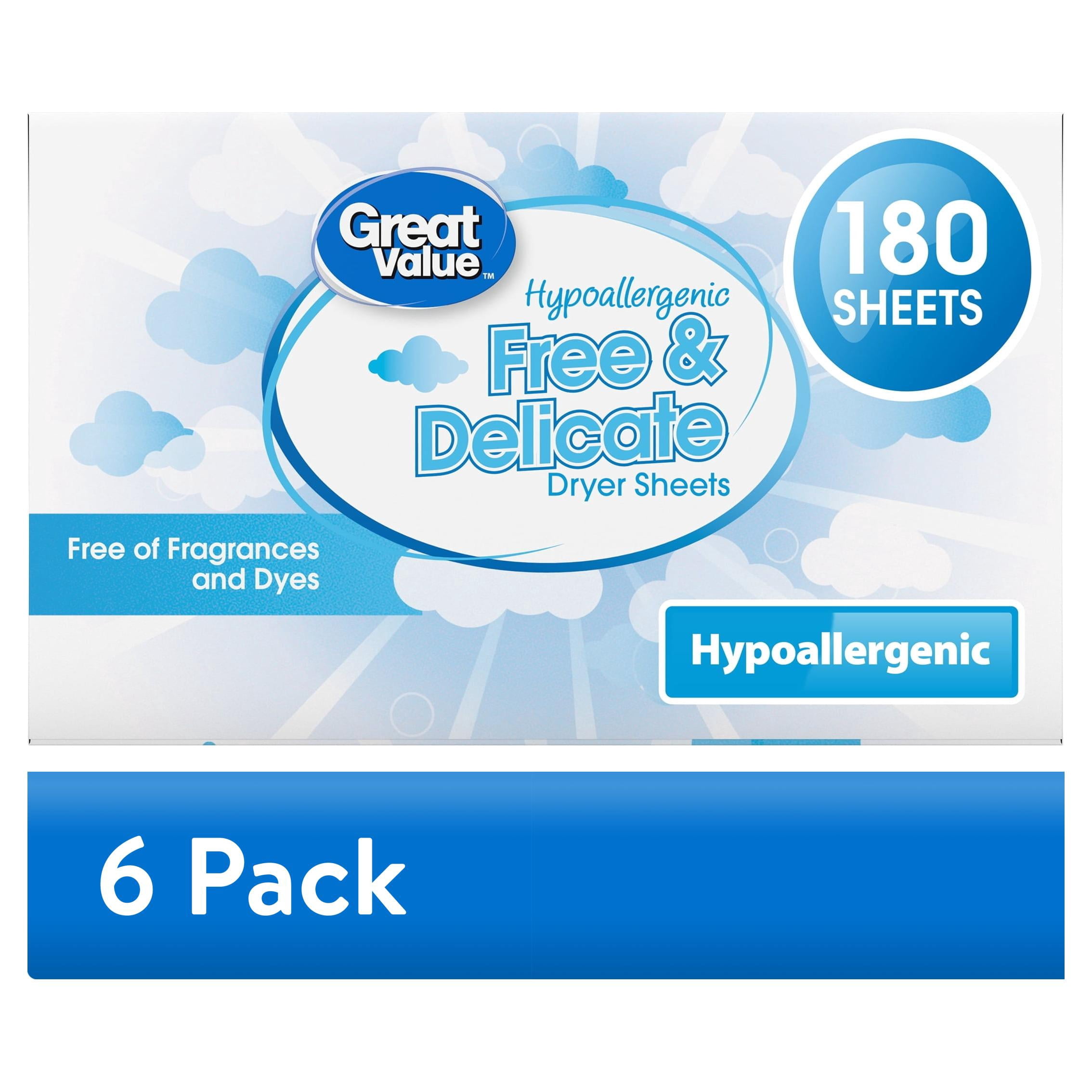 (6 pack) Great Value Free & Delicate Hypoallergenic Dryer Sheets, 180 Count