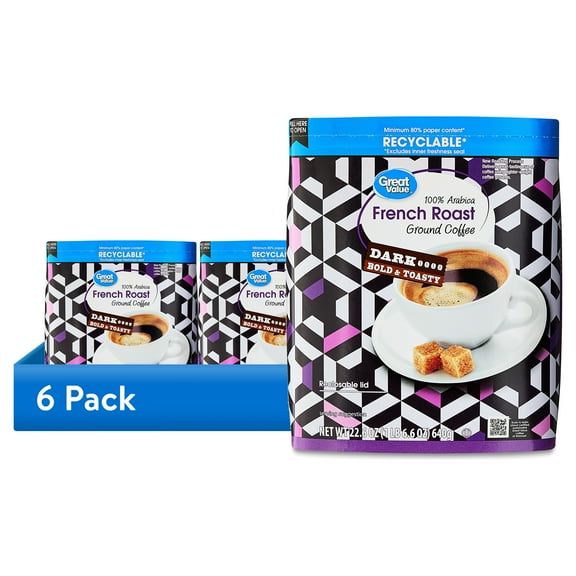 (6 pack) Great Value French Roast Dark Ground Coffee, 22.6 oz