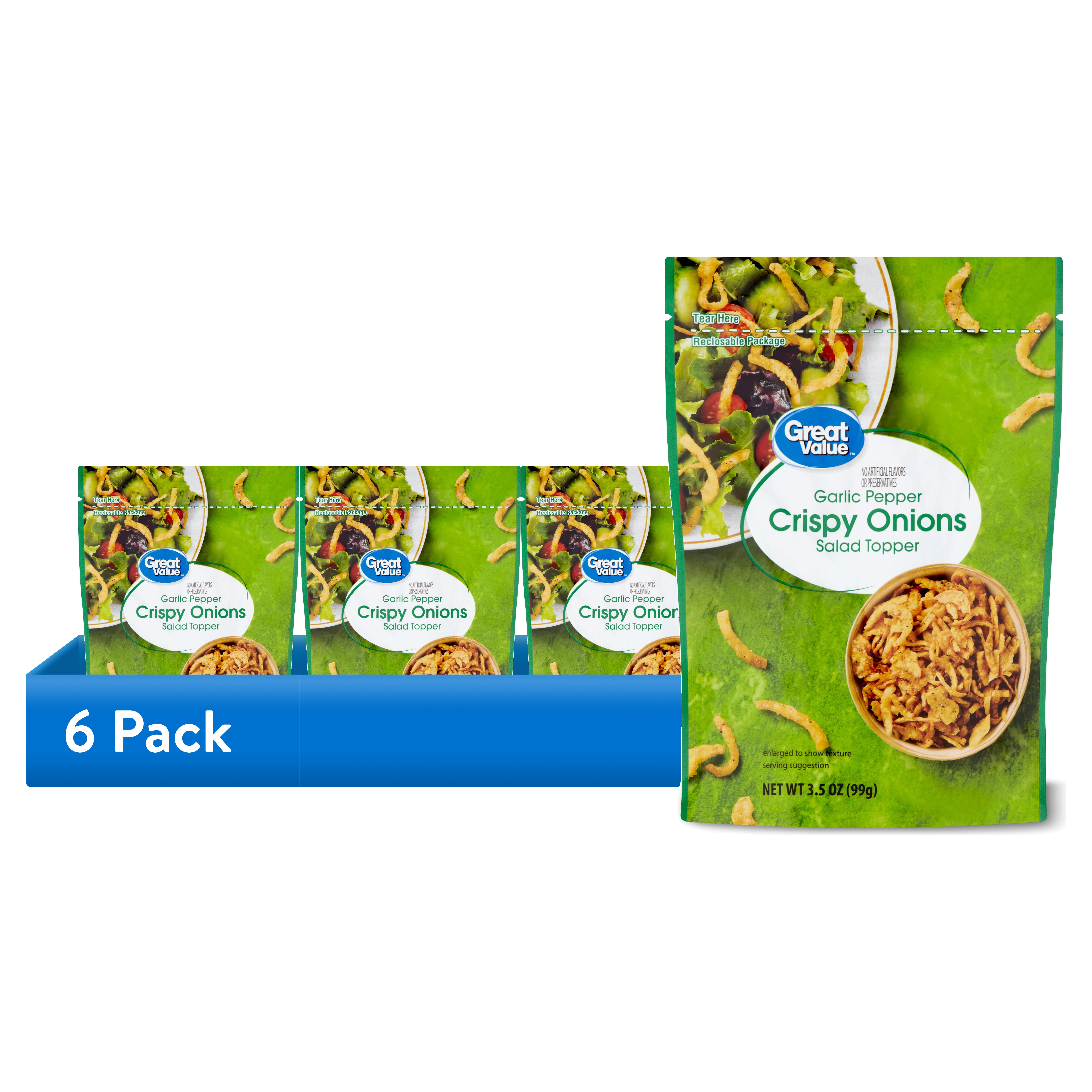 (6 pack) Great Value Garlic Pepper Crispy Onions Salad Topping, 3.5 oz Resealable Bag