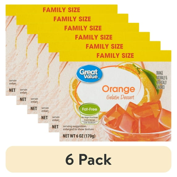 (6 pack) Great Value Gelatin Dessert, Family Size, Orange, 6 oz