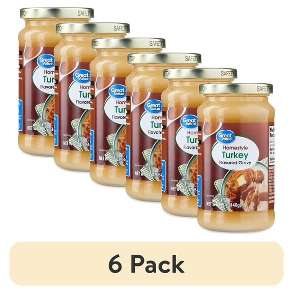 (6 pack) Great Value Homestyle Turkey Flavored Gravy, 12 oz Glass Jar