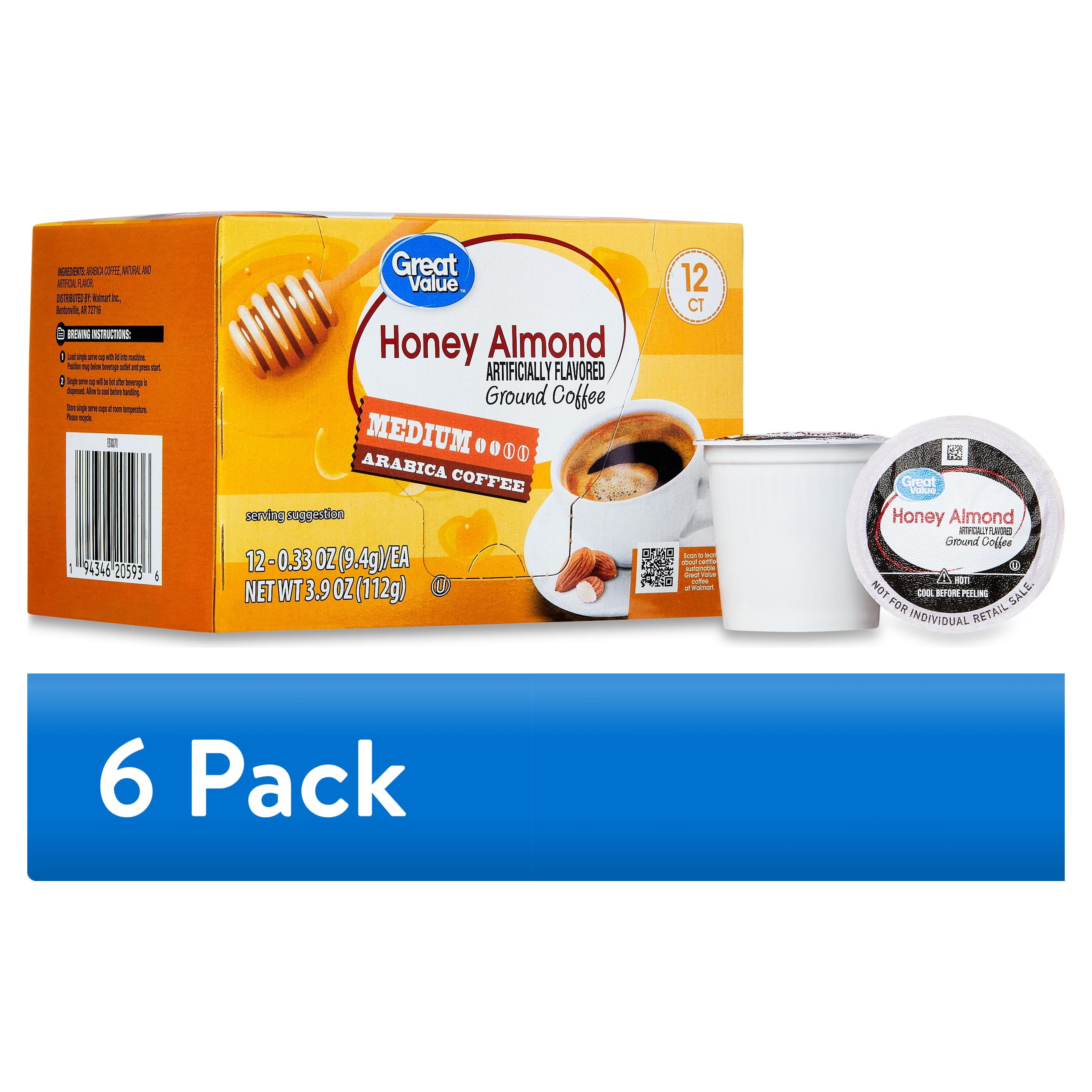(6 pack) Great Value Honey Almond, Medium Roast Arabica Coffee Pods, 12 Count
