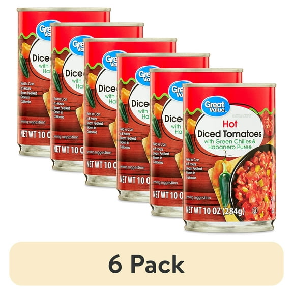 (6 pack) Great Value Hot Diced Tomatoes with Green Chilies and Habanero Puree, 10 oz