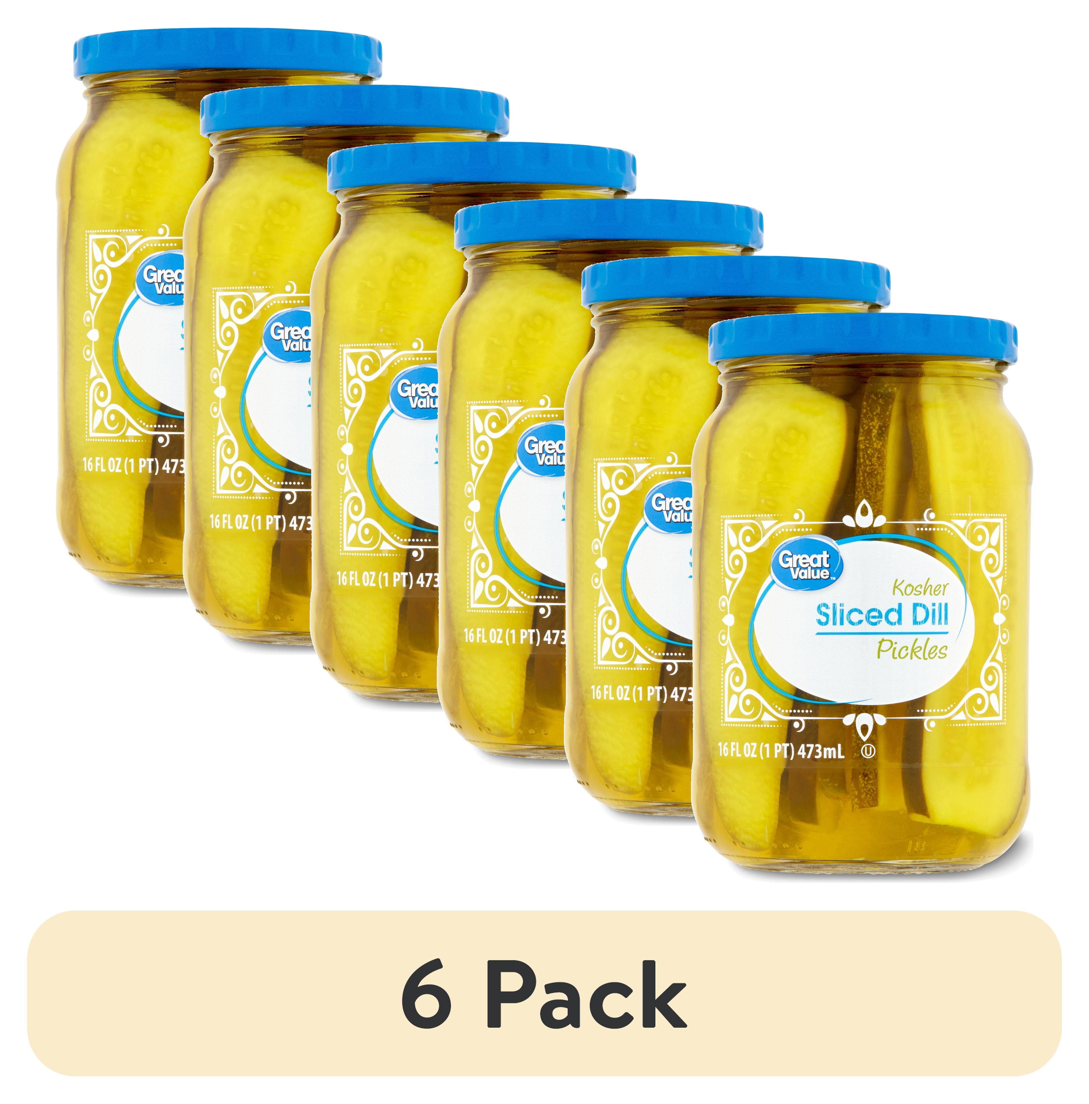 (6 pack) Great Value Kosher Sliced Dill Pickles, 16 fl oz Jar