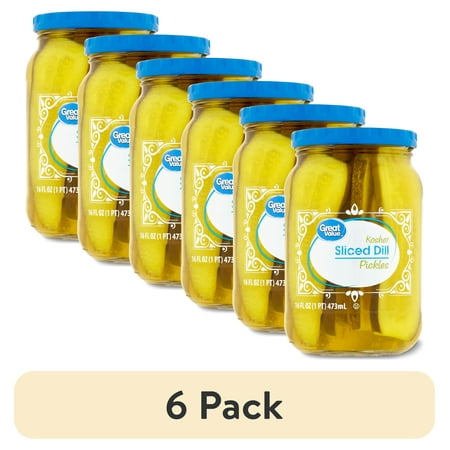 (6 pack) Great Value Kosher Sliced Dill Pickles, 16 fl oz Jar