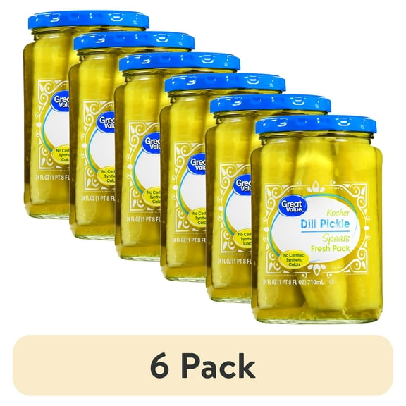 (6 pack) Great Value Kosher Spears Dill Pickle Fresh Pack, 24 fl oz Jar