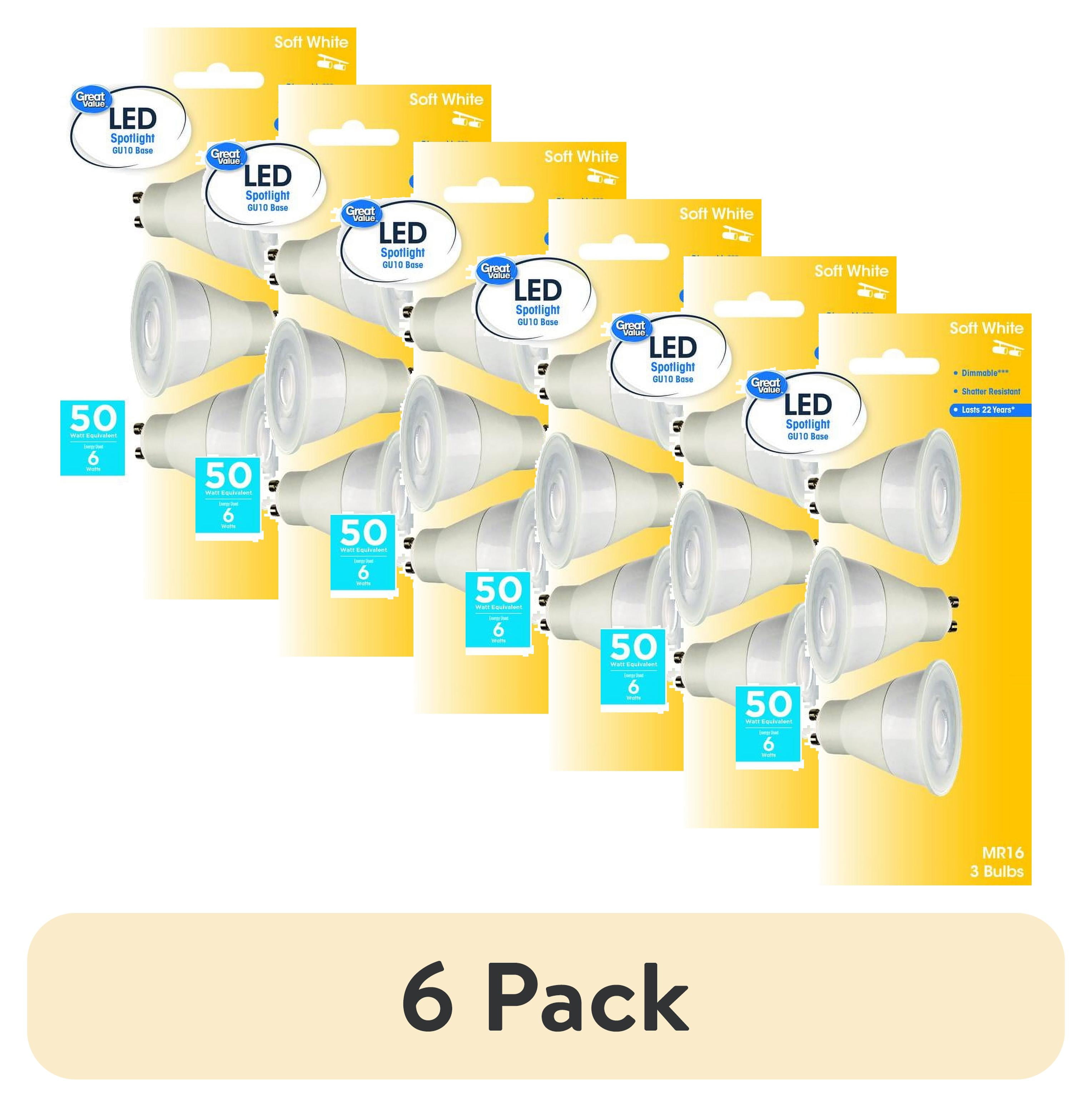 (6 pack) Great Value LED Light Bulb, 7 Watts (50W Equivalent) MR16 Lamp GU10 Base, Dimmable, Soft White, 3-Pack