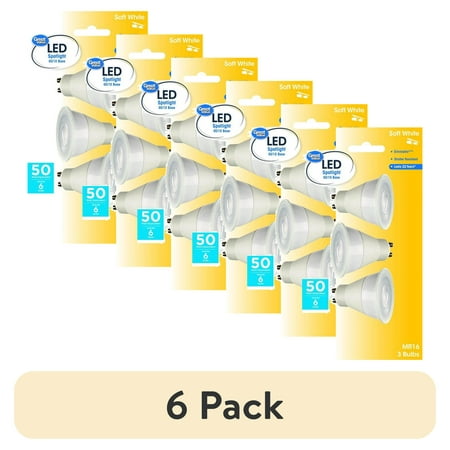 (6 pack) Great Value LED Light Bulb, 7 Watts (50W Equivalent) MR16 Lamp GU10 Base, Dimmable, Soft White, 3-Pack