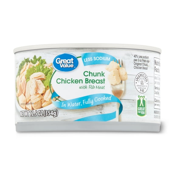 (6 pack) Great Value Less Sodium Chunk Chicken Breast with Rib Meat, in Water, Fully Cooked, 12.5 oz Can