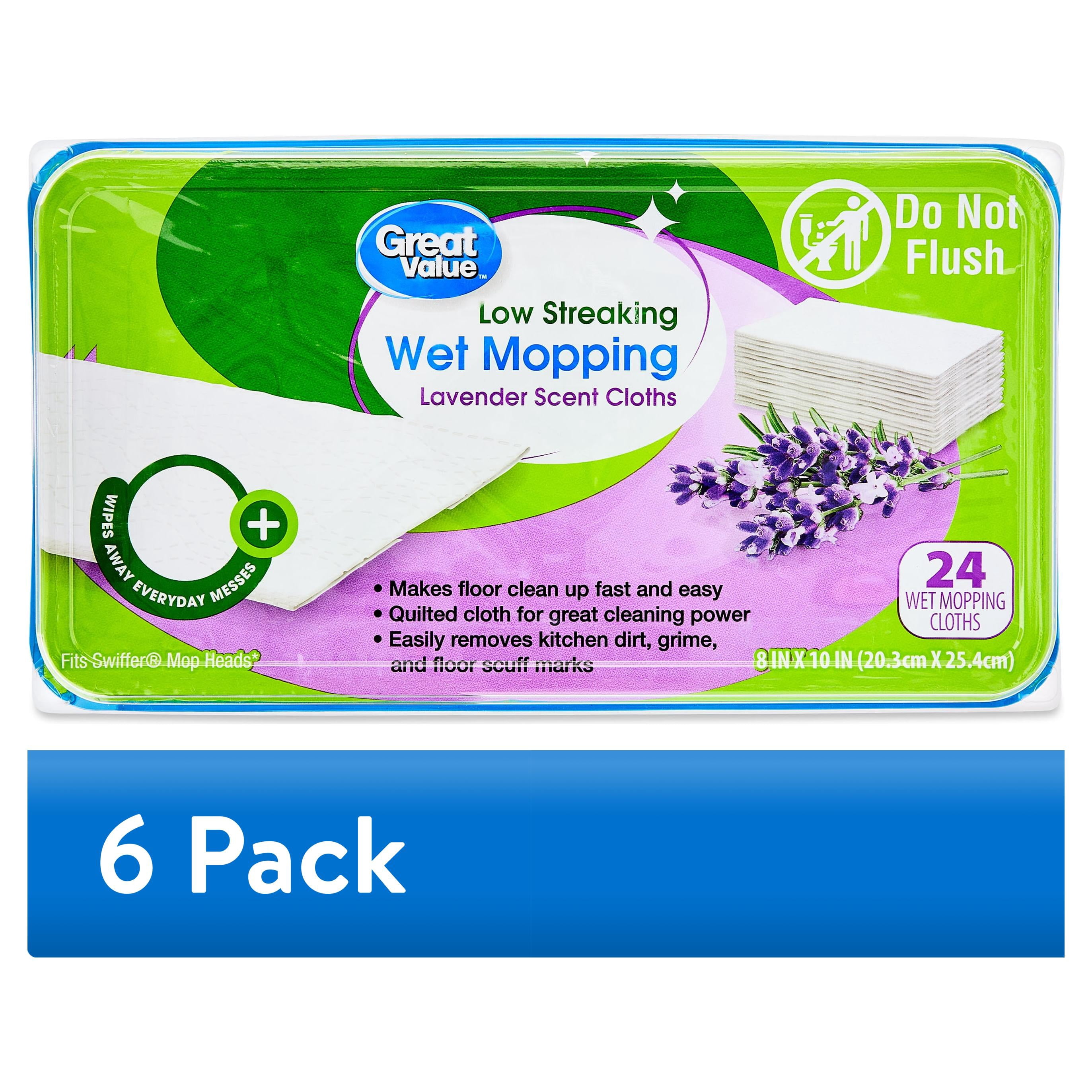 (6 pack) Great Value Low Streaking Wet Mopping Cloths, Lavender Scent, 24 Count