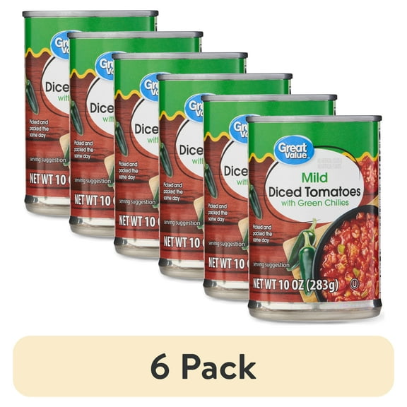 (6 pack) Great Value Mild Diced Tomatoes with Green Chilies, 10 oz