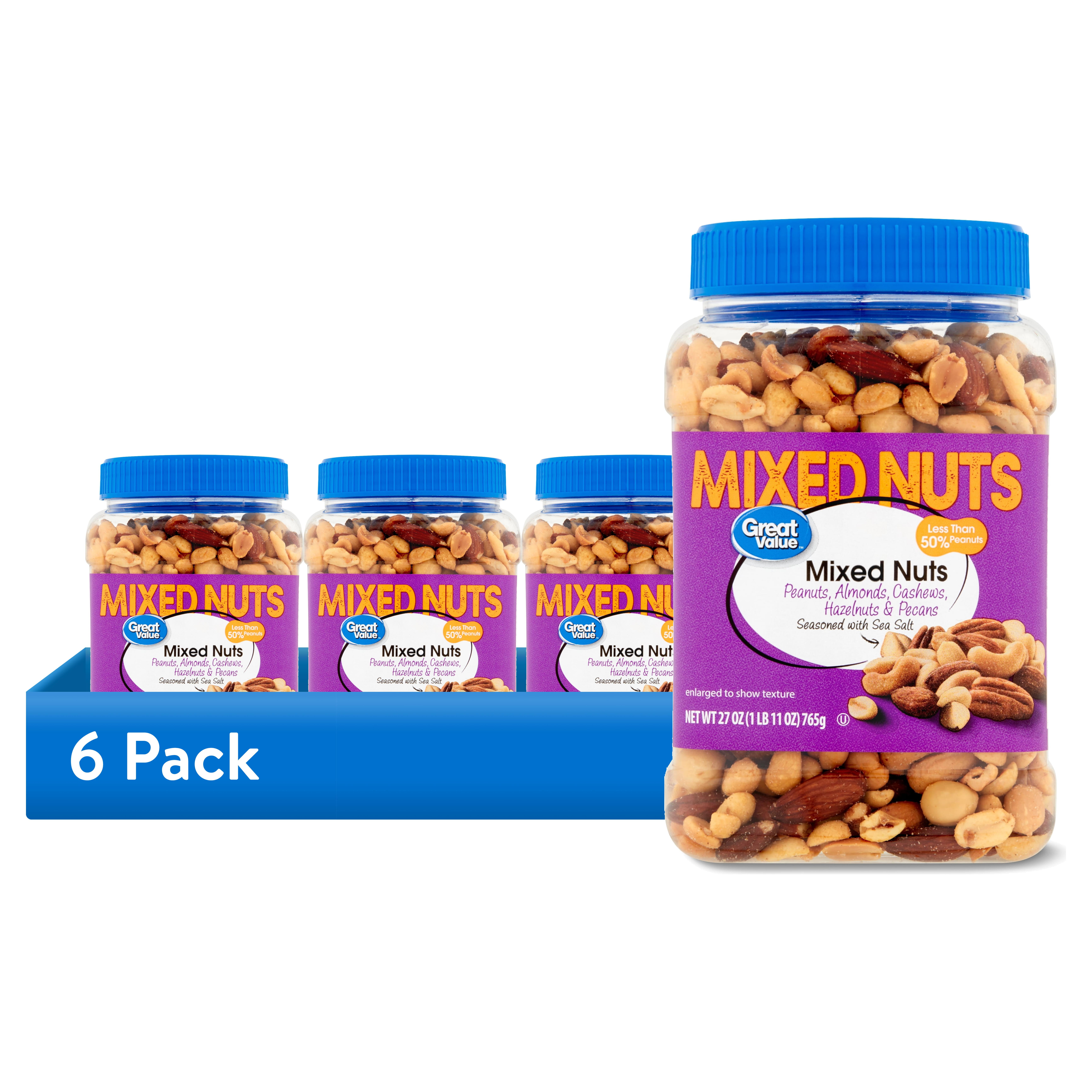 (6 pack) Great Value Mixed Nuts with Peanuts, 27 oz
