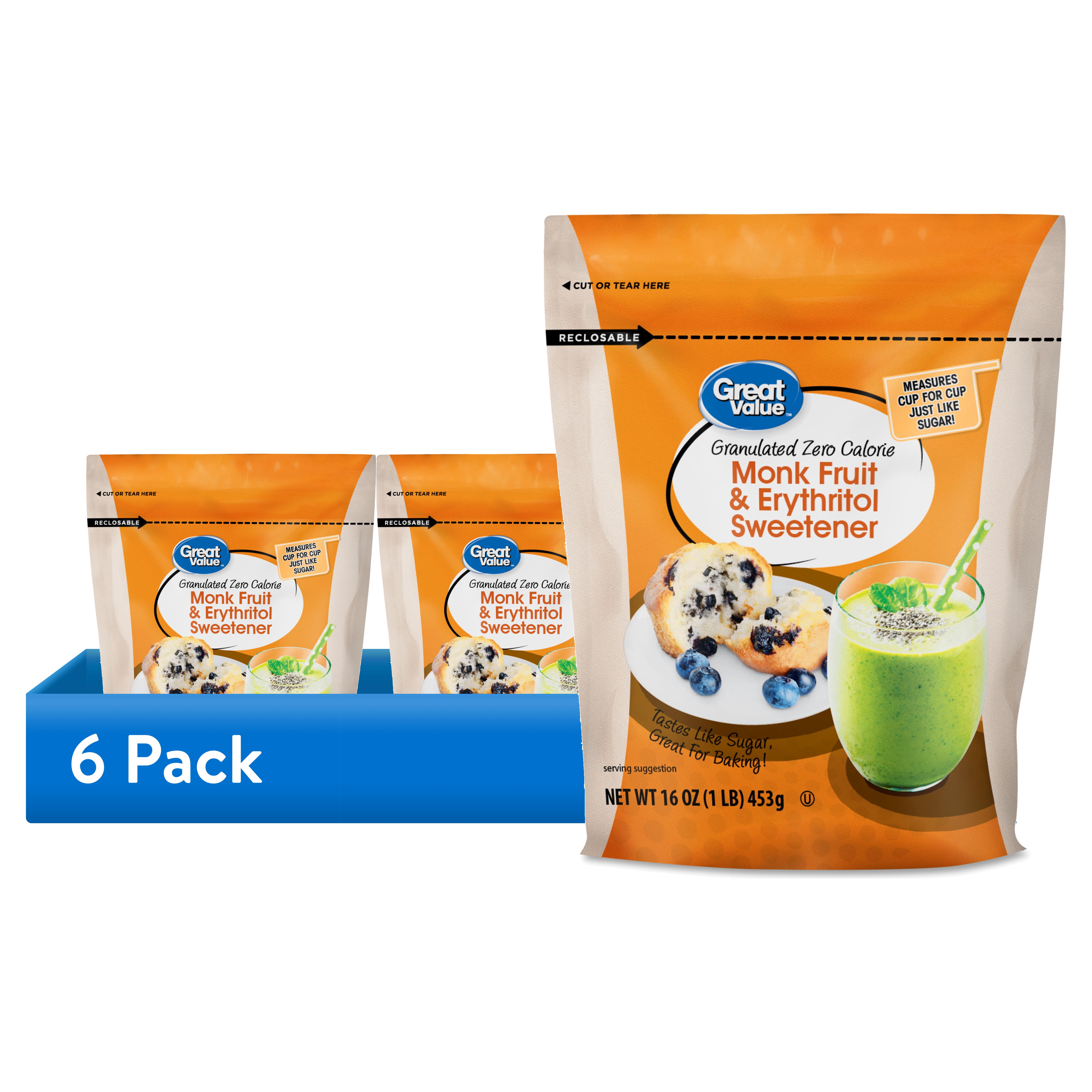 (6 pack) Great Value Monk Fruit & Erythritol Zero Calorie Sweetener, 16 oz