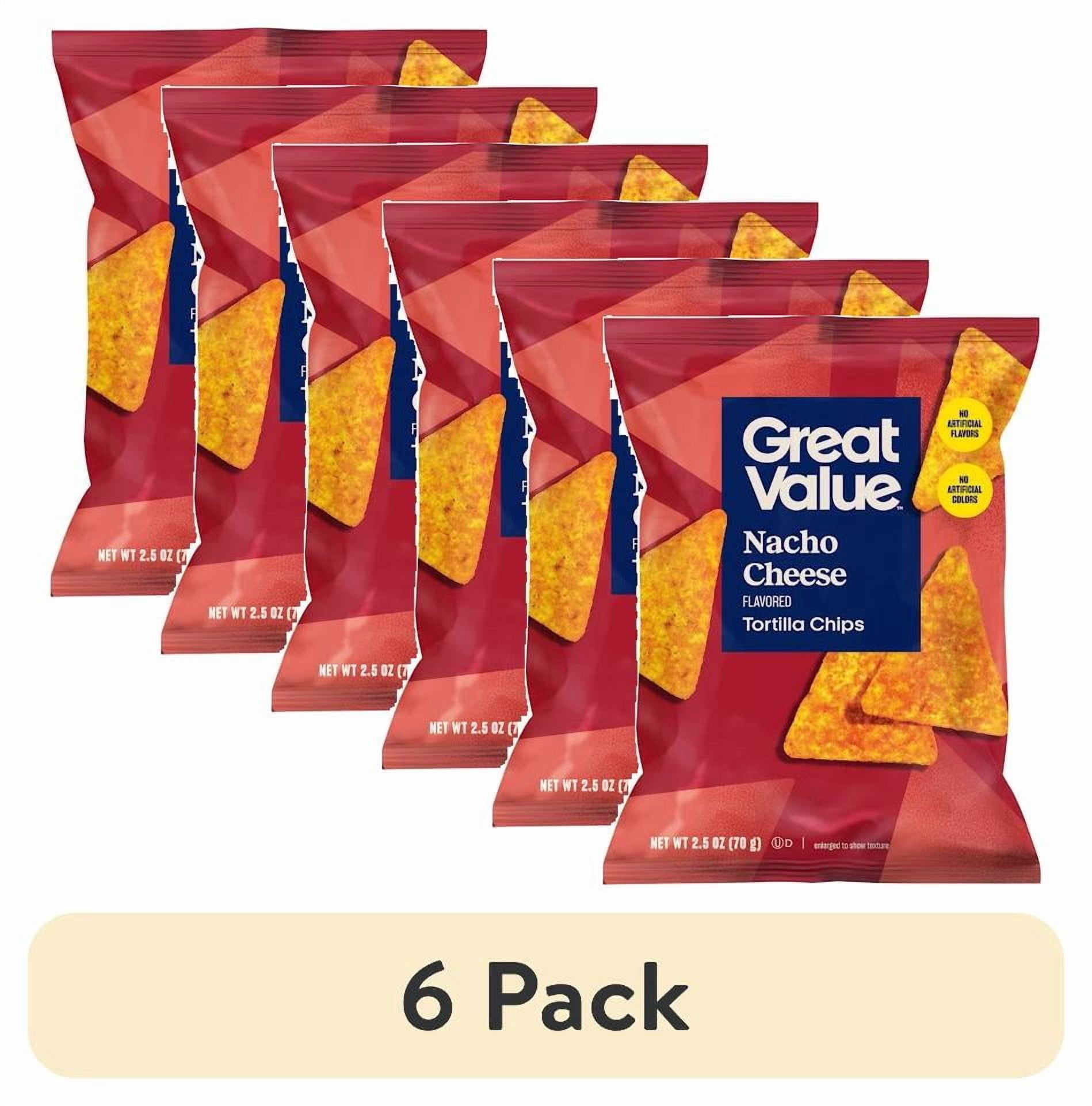 (6 pack) Great Value Nacho Cheese Tortilla Chips, 2.5 oz Bag