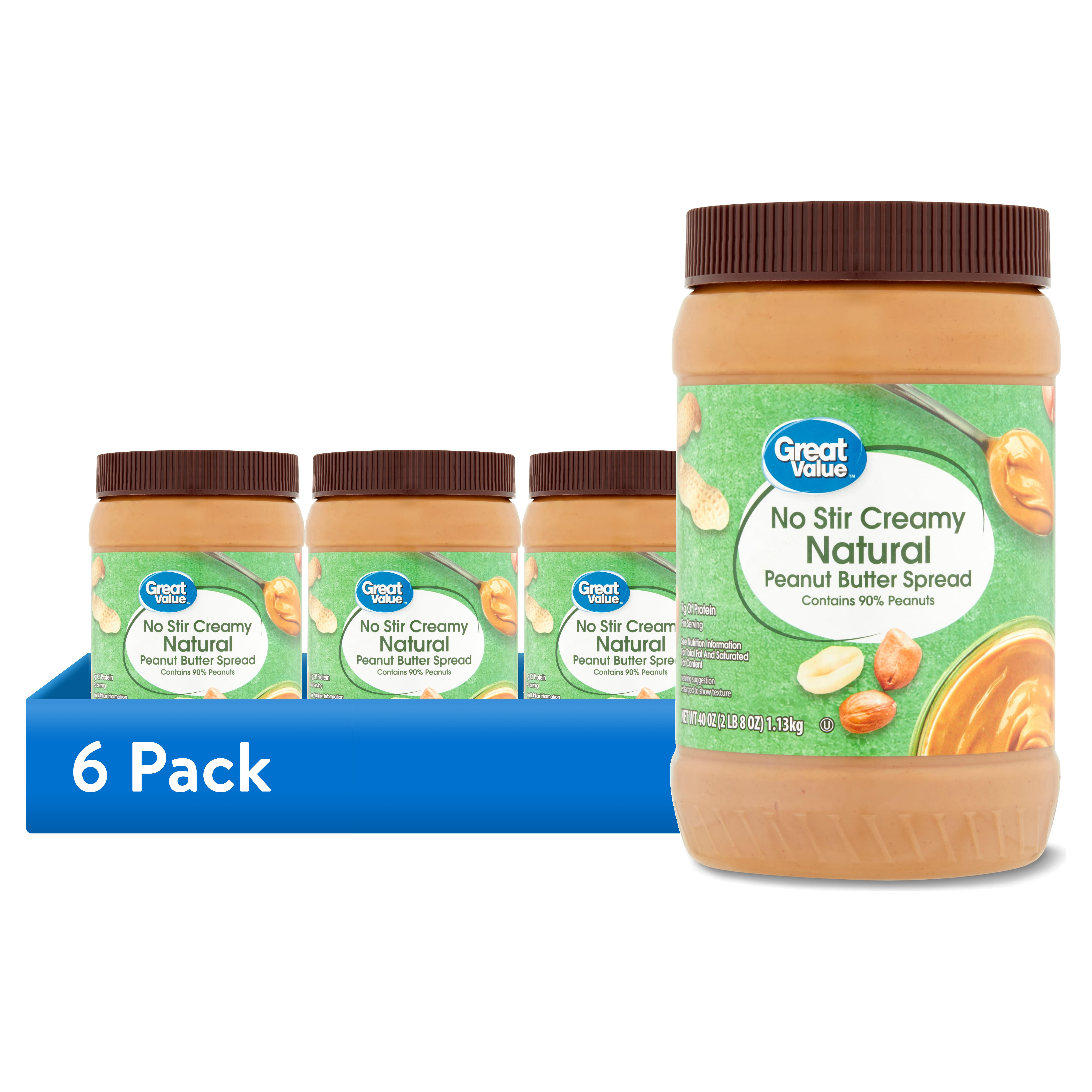 (6 pack) Great Value No Stir Creamy Natural Peanut Butter Spread, 40 oz