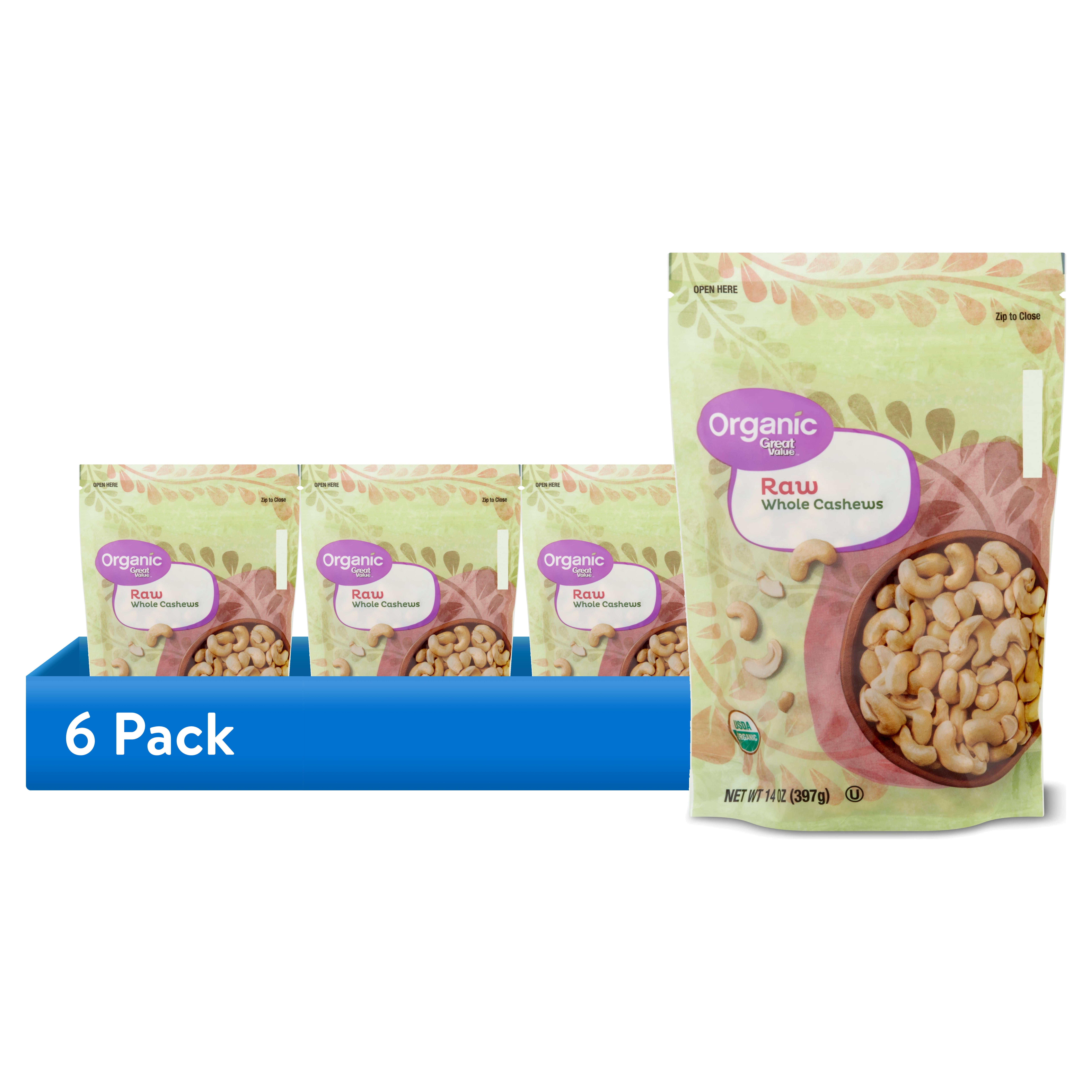 (6 pack) Great Value Organic Raw Whole Cashews, 14 oz