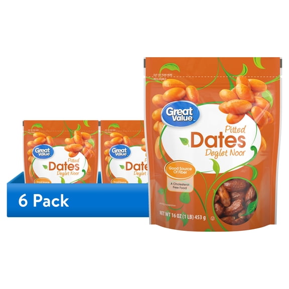 (6 pack) Great Value Pitted Deglet Noor Dates 16oz