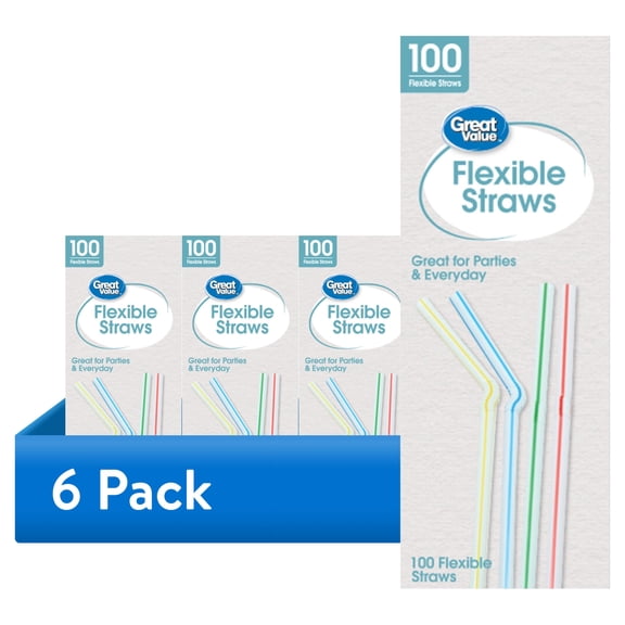 (6 pack) Great Value Plastic Disposable Flexible Straws, Multi-Color, 100 Count