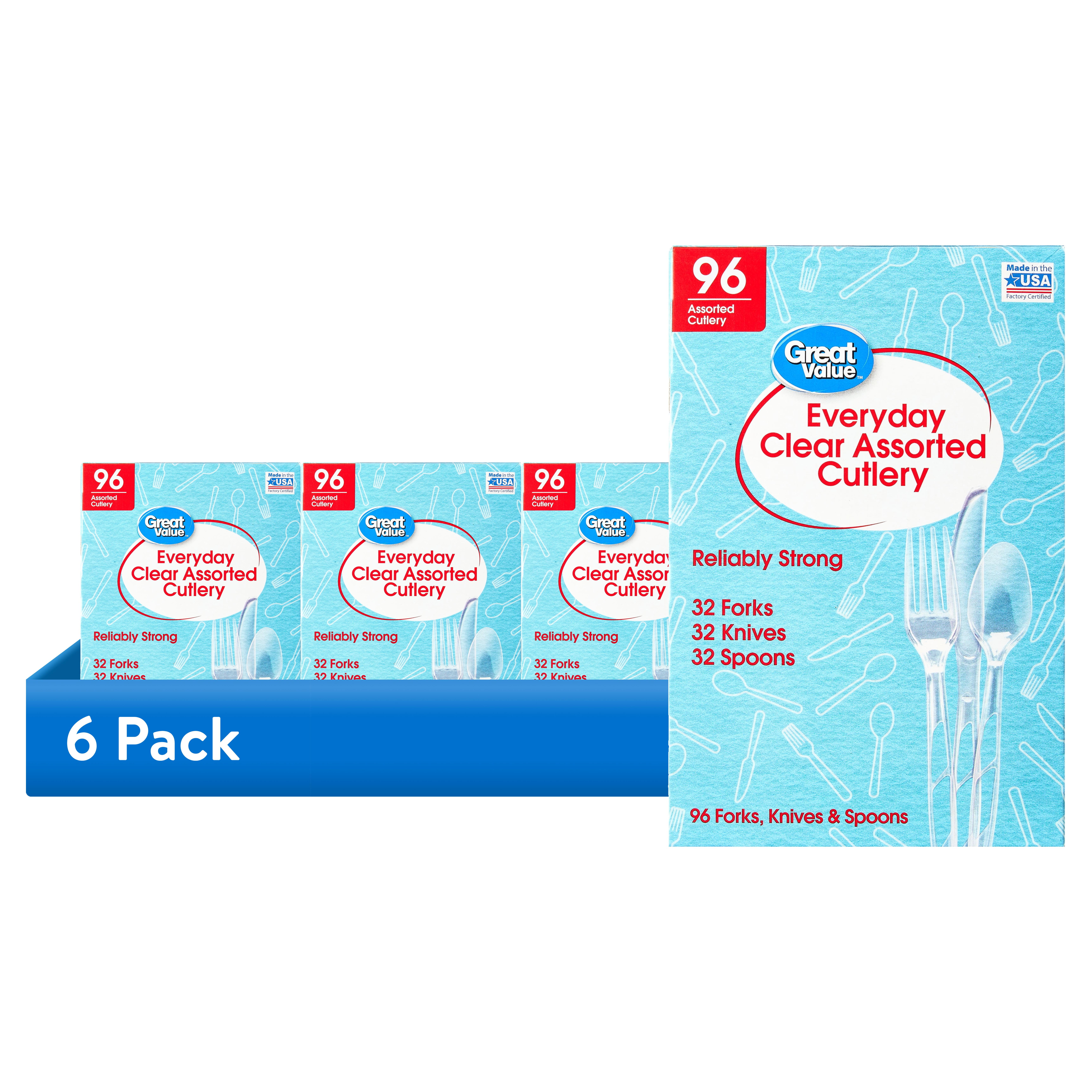 (6 pack) Great Value Plastic Everyday Clear Assorted Cutlery, 96 Count includes 32F/32S/32K