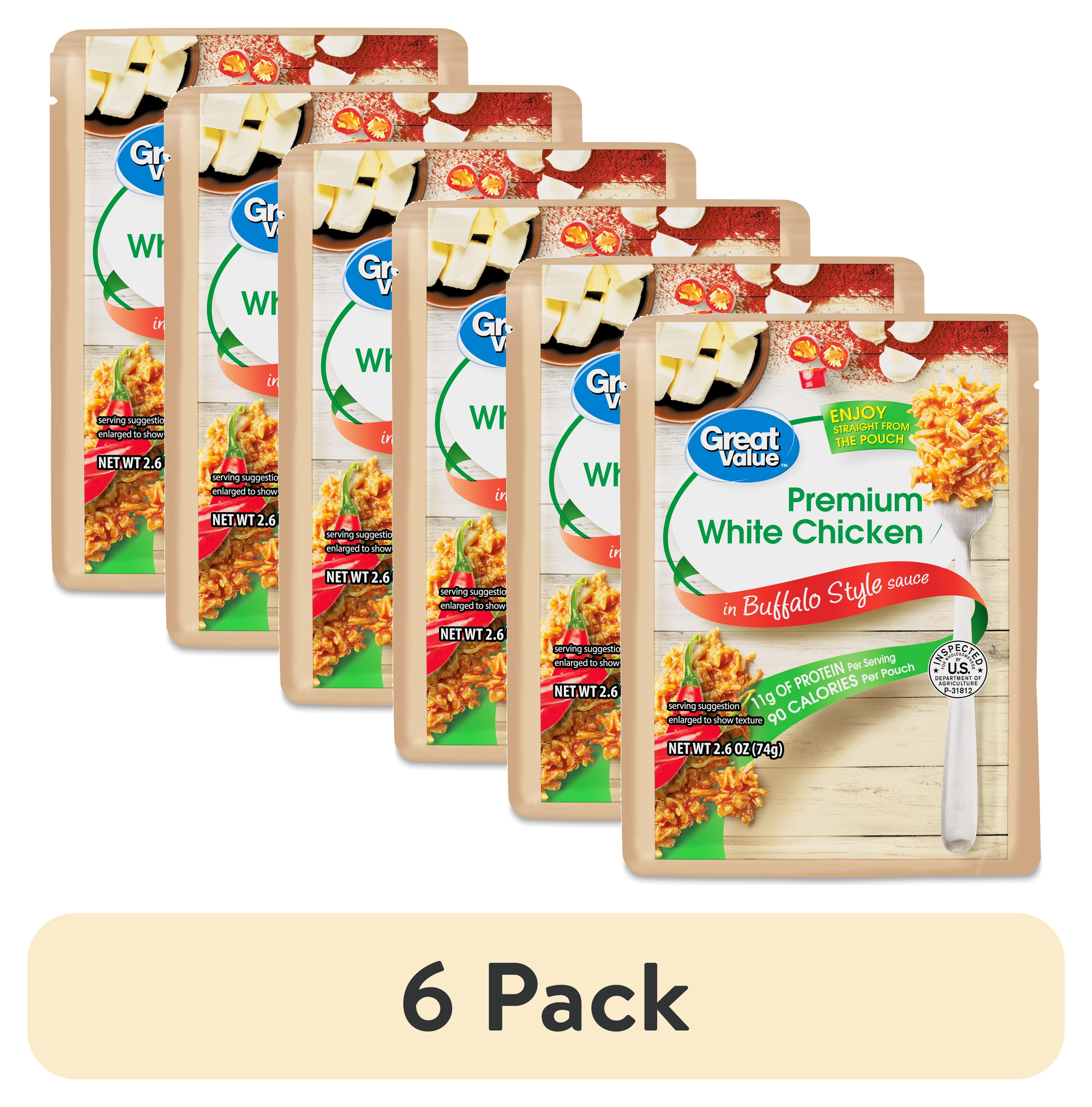 (6 pack) Great Value Premium White Chicken, in Bold Buffalo Sauce, 2.6 oz Pouch (Shelf-Stable)