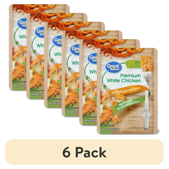 (6 pack) Great Value Premium White Chicken, in Fajita Flavored Sauce, 2.6 oz, Aluminum Pouch
