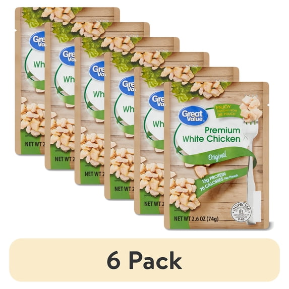 (6 pack) Great Value Premium White Chicken, 2.6 oz Pouch, Fully Cooked, Ready to Eat (Shelf-Stable)