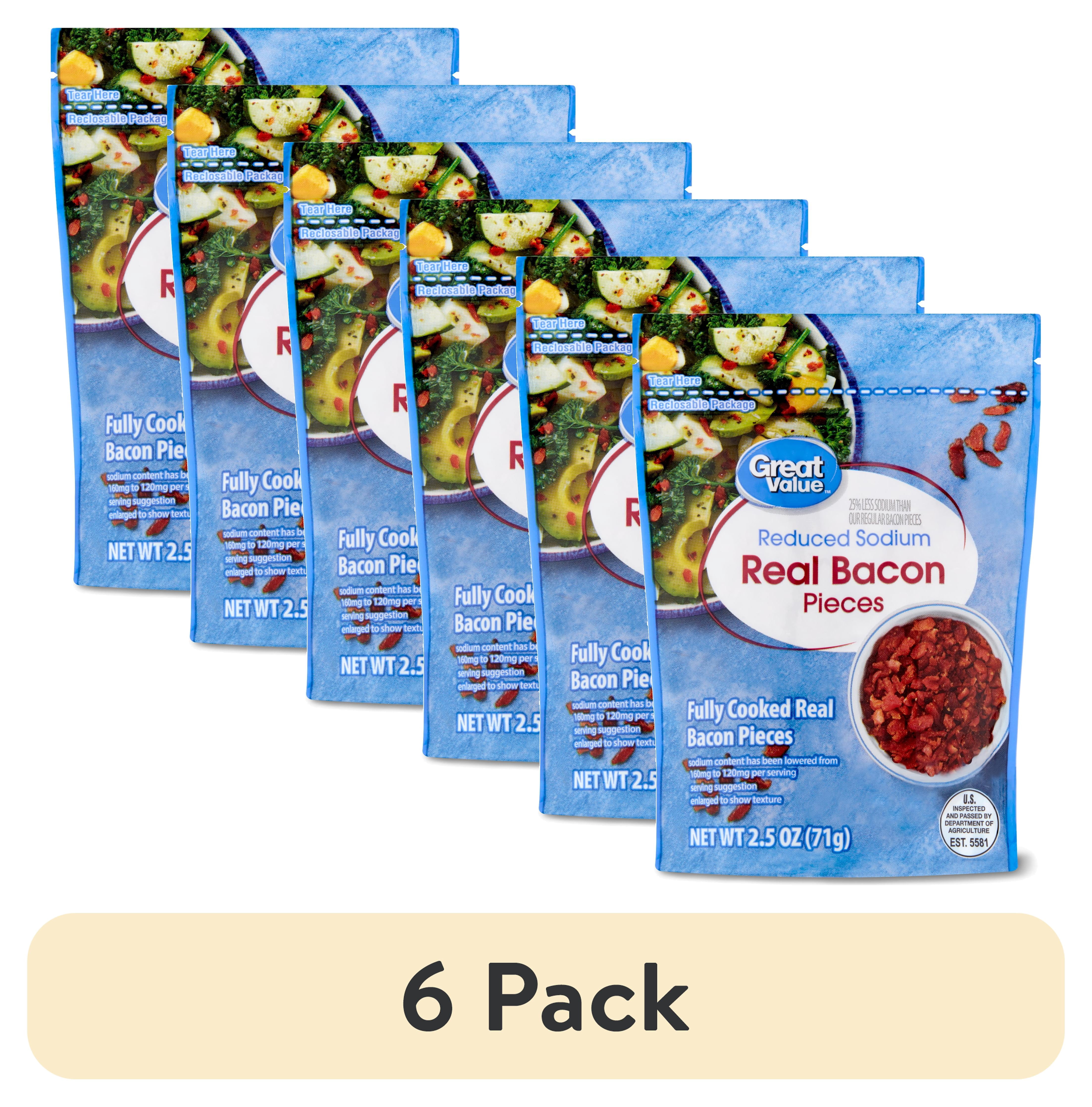 (6 pack) Great Value Reduced Sodium Real Bacon Pieces, 2.5 oz