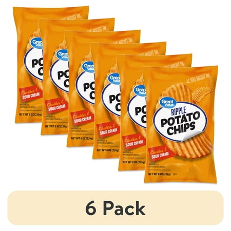 (6 pack) Great Value Rippled Cheddar & Sour Cream Flavored Potato Chips, 8 oz Bag