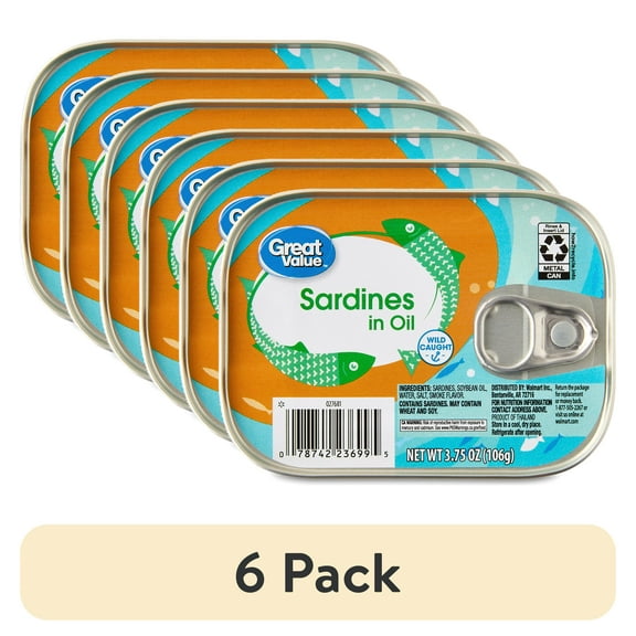 (6 pack) Great Value Sardines in Oil, 3.75 oz