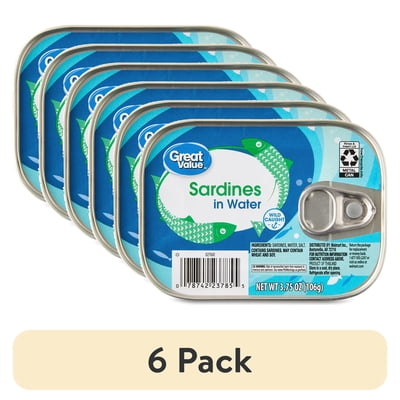 (6 pack) Great Value Sardines in Water, 3.75 oz