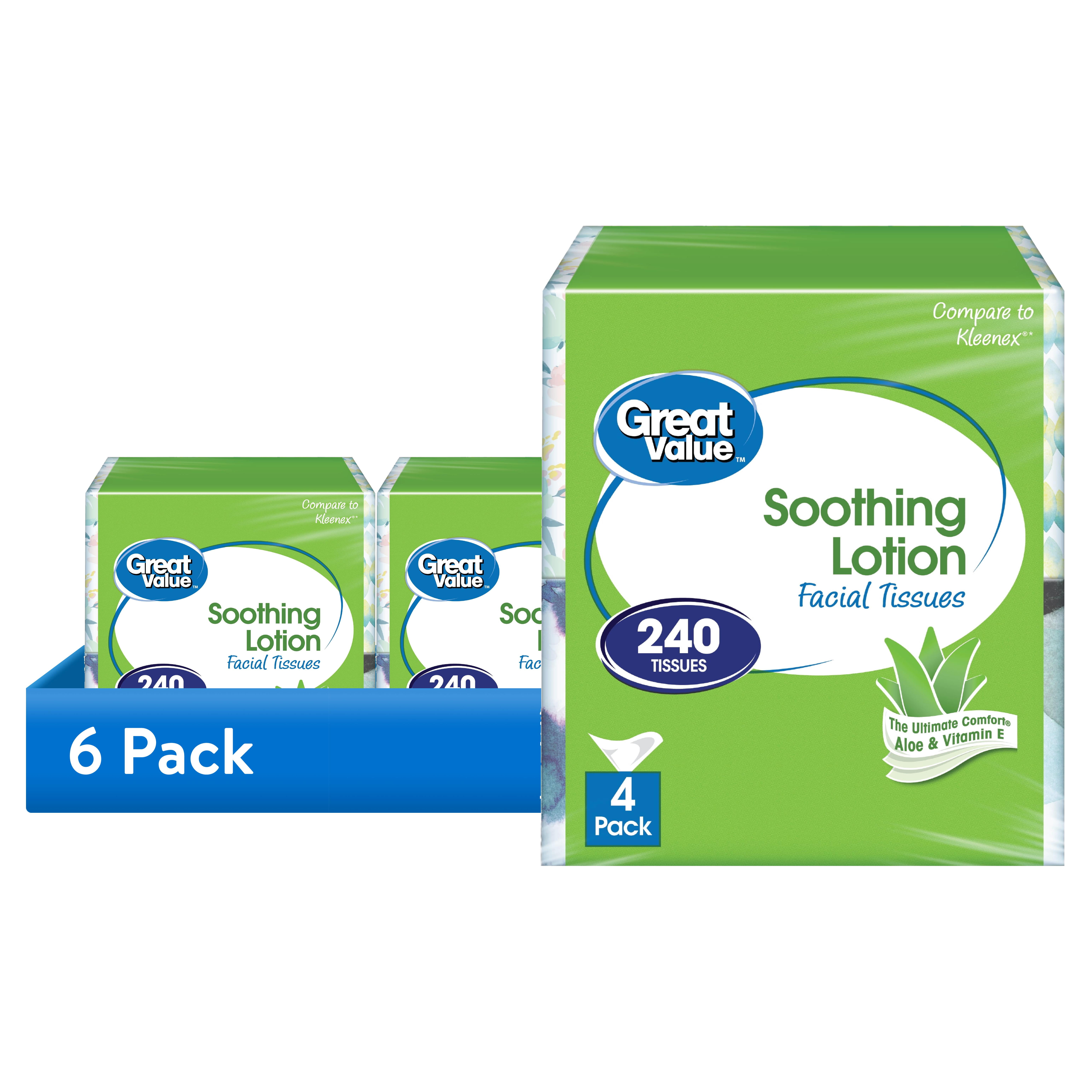 (6 pack) Great Value Soothing Lotion Facial Tissues, 4 Cubes, 60 Tissues per Cube, 3-Ply, Compare to Kleenex®