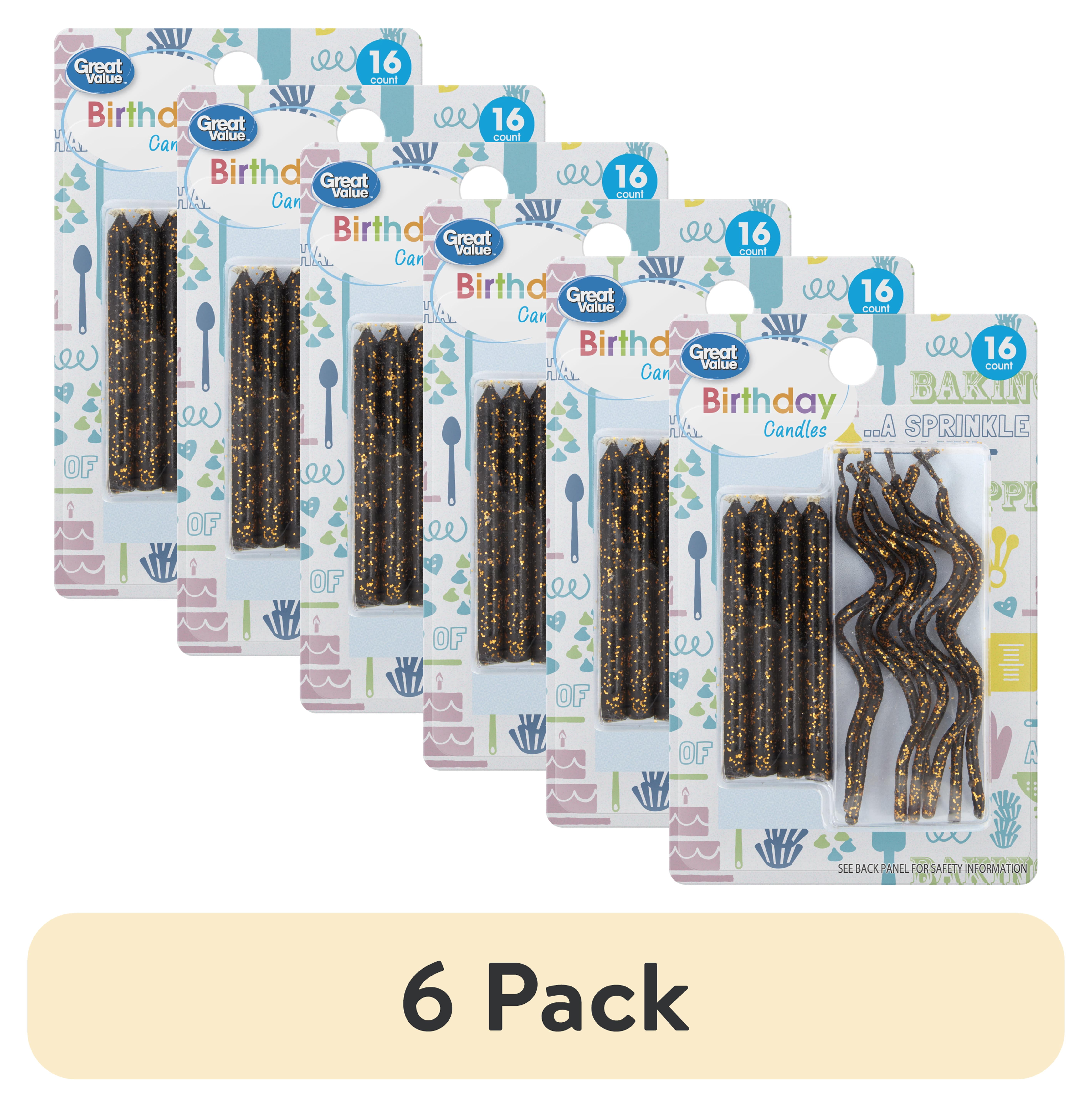 (6 pack) Great Value Straight & Wavy Birthday Candles, Black & Gold, 16 Count