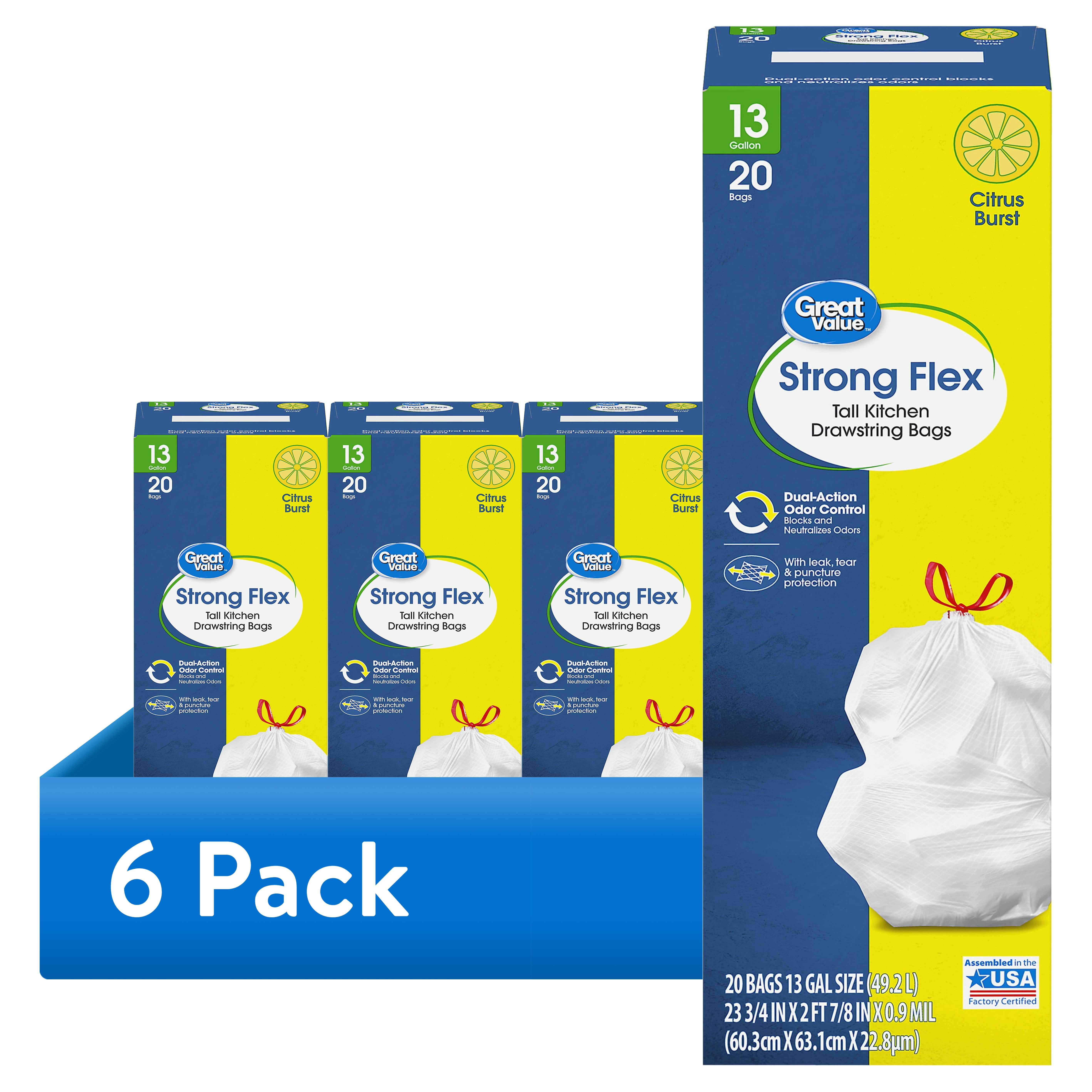 (6 pack) Great Value Strong Flex 13-Gallon Drawstring Tall Kitchen Trash Bags, Citrus Burst, 20 Count