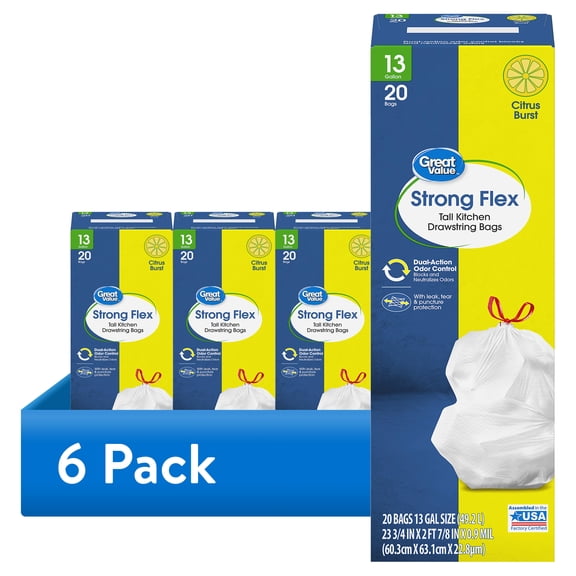 (6 pack) Great Value Strong Flex 13-Gallon Drawstring Tall Kitchen Trash Bags, Citrus Burst, 20 Count