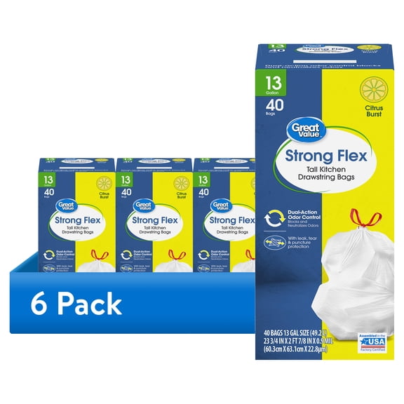 (6 pack) Great Value Strong Flex Drawstring Tall Kitchen Trash Bags, 13 gal, Citrus Burst, 40 Count