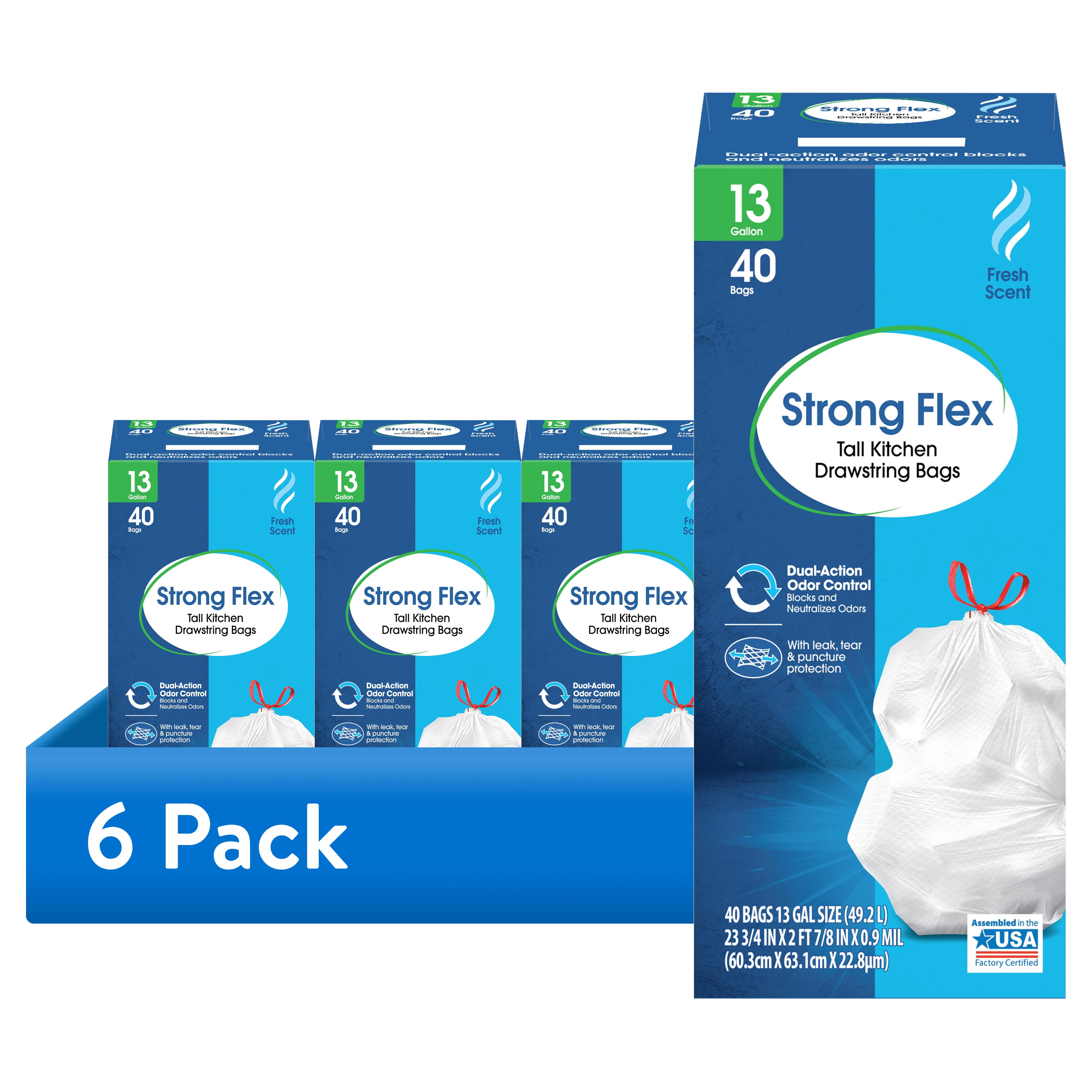 (6 pack) Great Value Strong Flex 13-Gallon Drawstring Tall Kitchen Trash Bags, Fresh Scent, 40 Bags