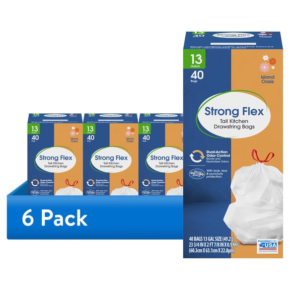 (6 pack) Great Value Strong Flex 13-Gallon Drawstring Tall Kitchen Trash Bags, Island Oasis, 40 Count
