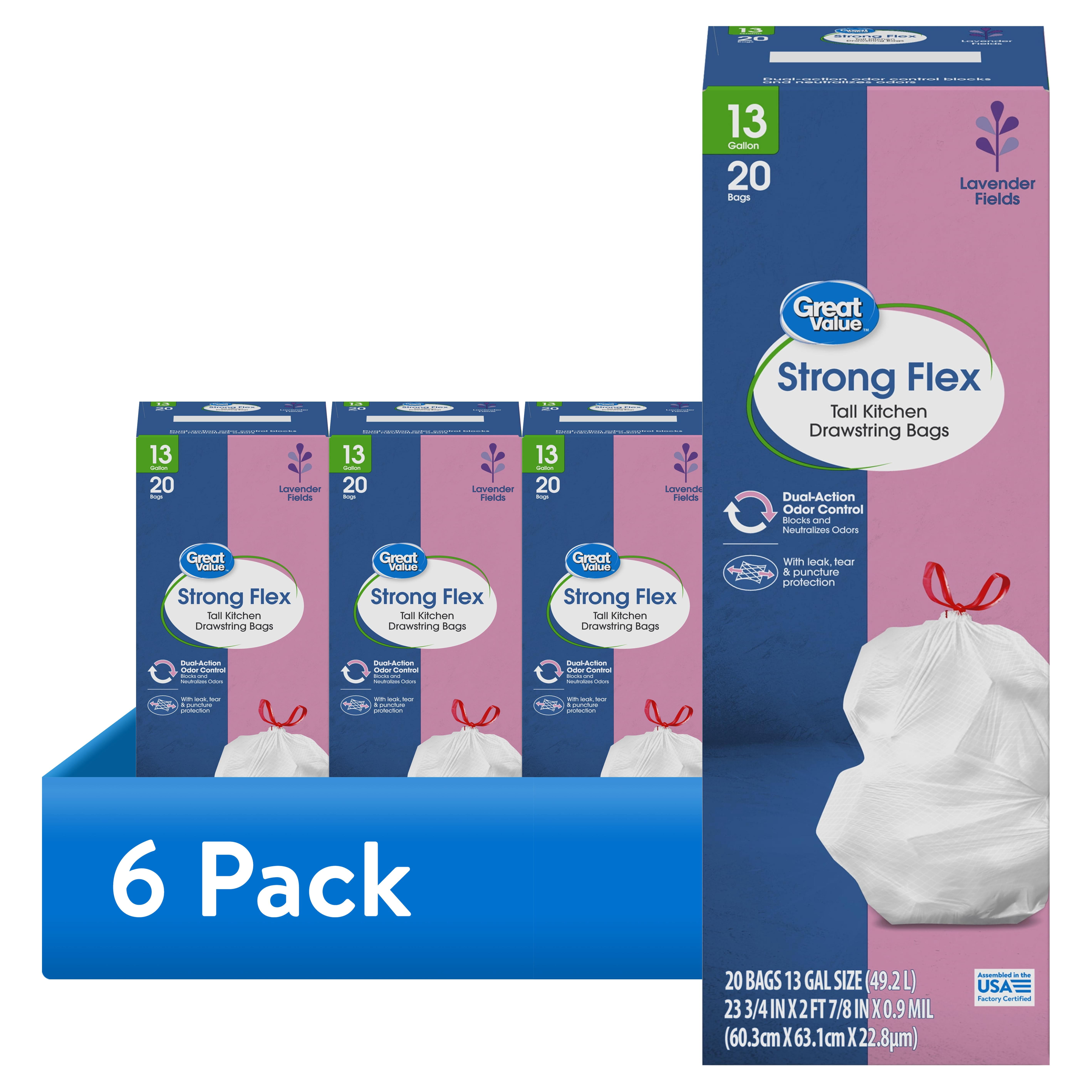 (6 pack) Great Value Strong Flex 13-Gallon Drawstring Tall Kitchen Trash Bags, Lavender Fields Scent, 20 Bags
