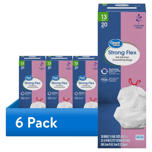 (6 pack) Great Value Strong Flex 13-Gallon Drawstring Tall Kitchen Trash Bags, Lavender Fields Scent, 20 Bags