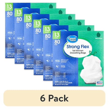 (6 pack) Great Value Strong Flex 13 Gallon Tall Kitchen Drawstring Bags, Mint Scent, 80 Count