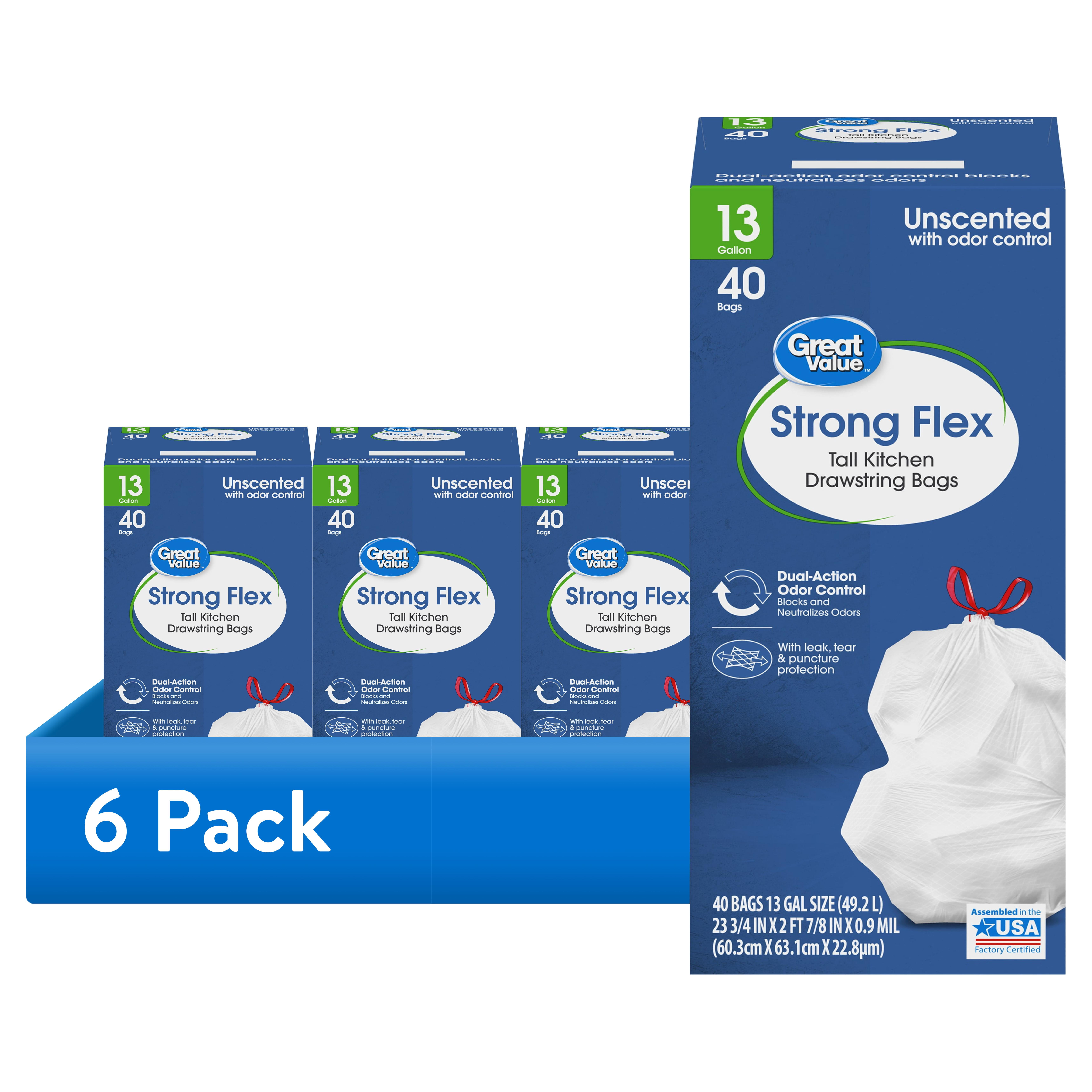 (6 pack) Great Value Strong Flex Tall Kitchen Drawstring Bags, 13 Gallon, Unscented, 40 Count