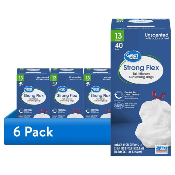 (6 pack) Great Value Strong Flex Tall Kitchen Drawstring Bags, 13 Gallon, Unscented, 40 Count