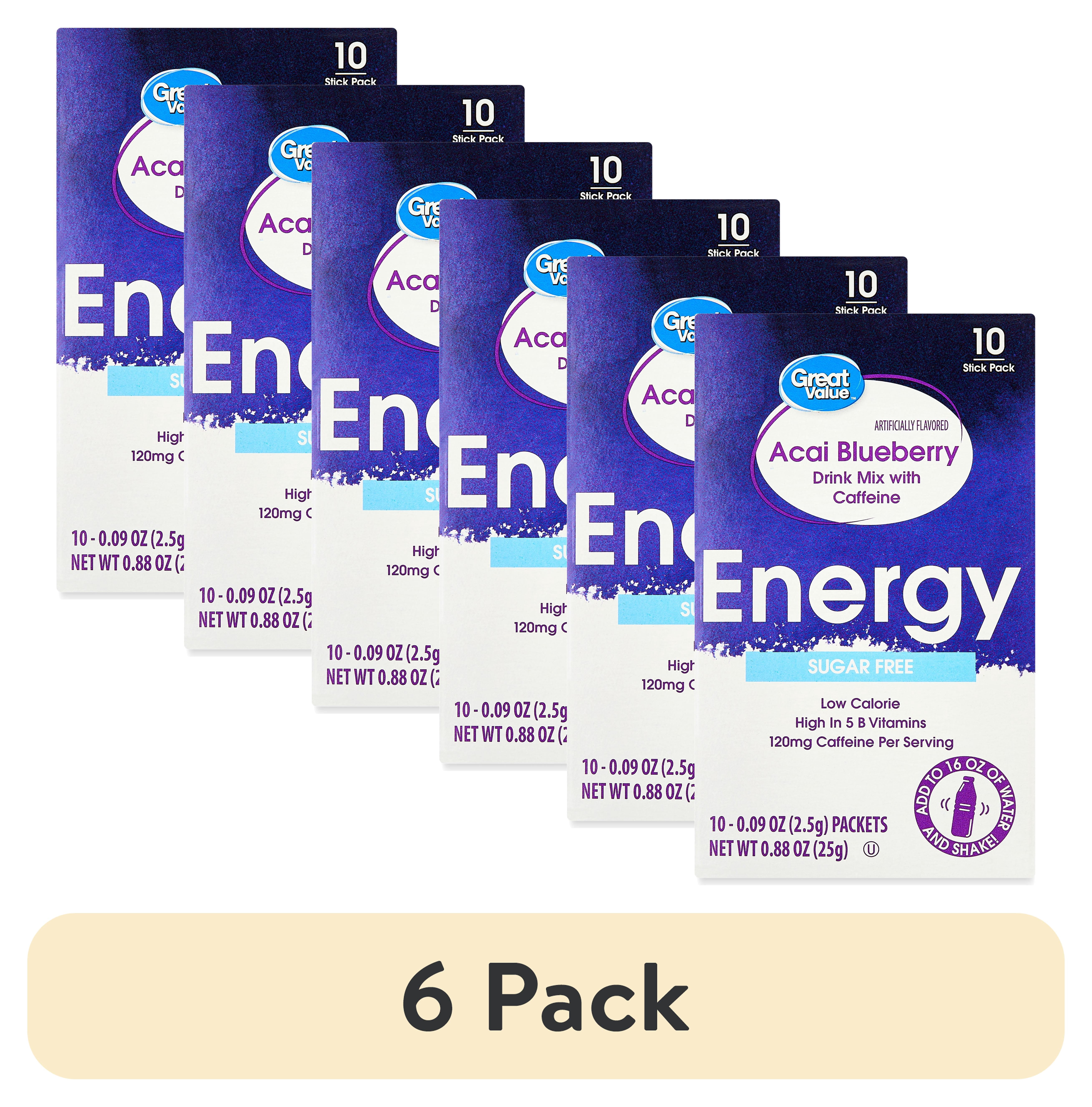 (6 pack) Great Value Sugar Free Blueberry Acai Energy Drink Mix, 0.08 oz, 10 Packets
