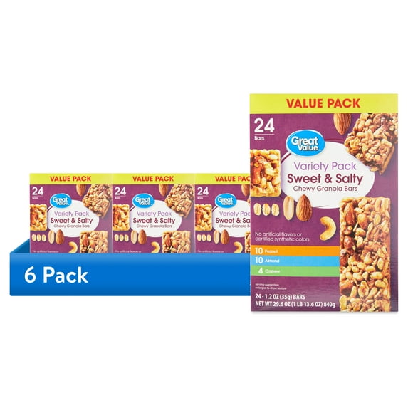 (6 pack) Great Value Sweet & Salty Chewy Granola Bars, Variety Pack, 1.2 oz, 24 Count