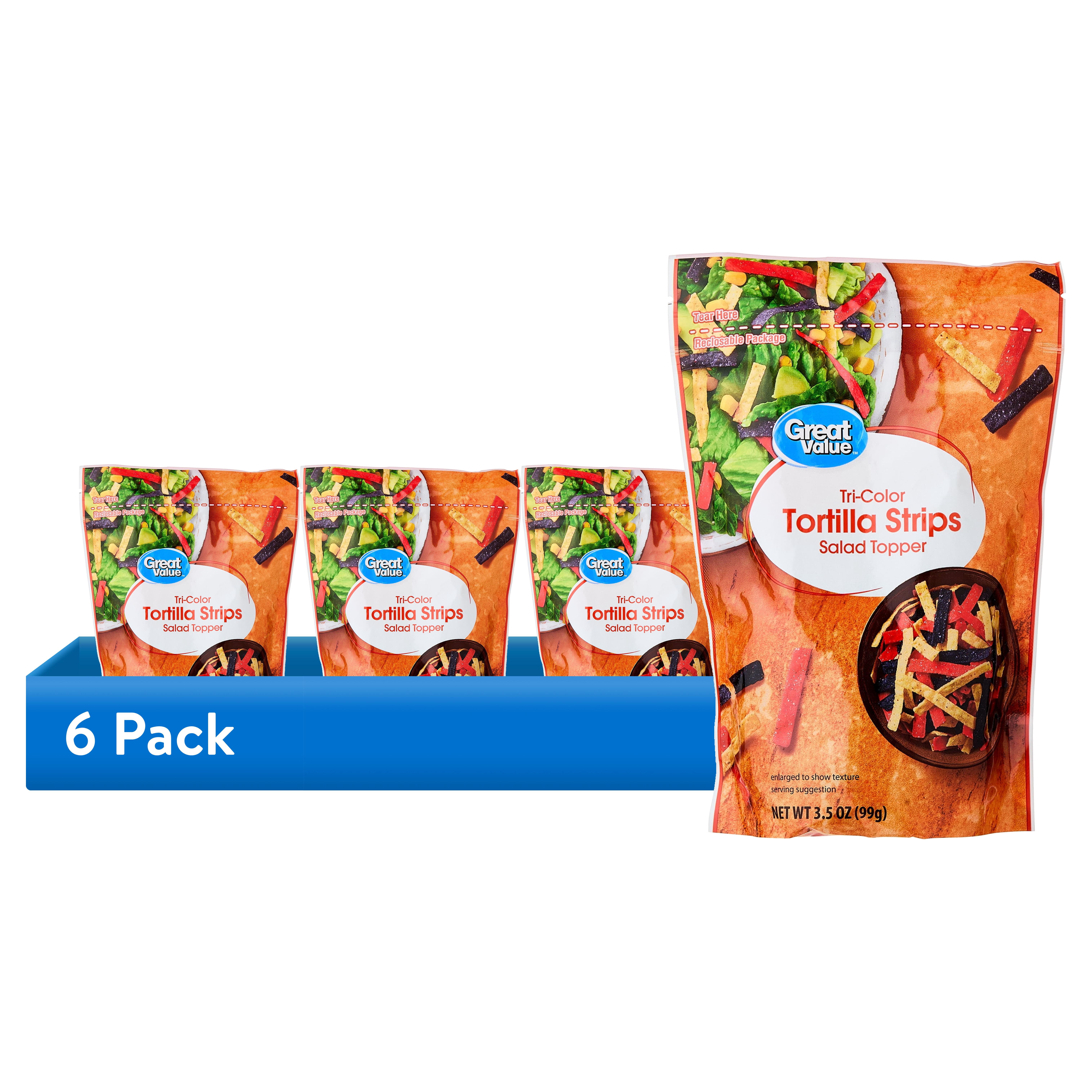 (6 pack) Great Value Tri-Color Tortilla Strips Salad Topping, 3.5 oz Bag